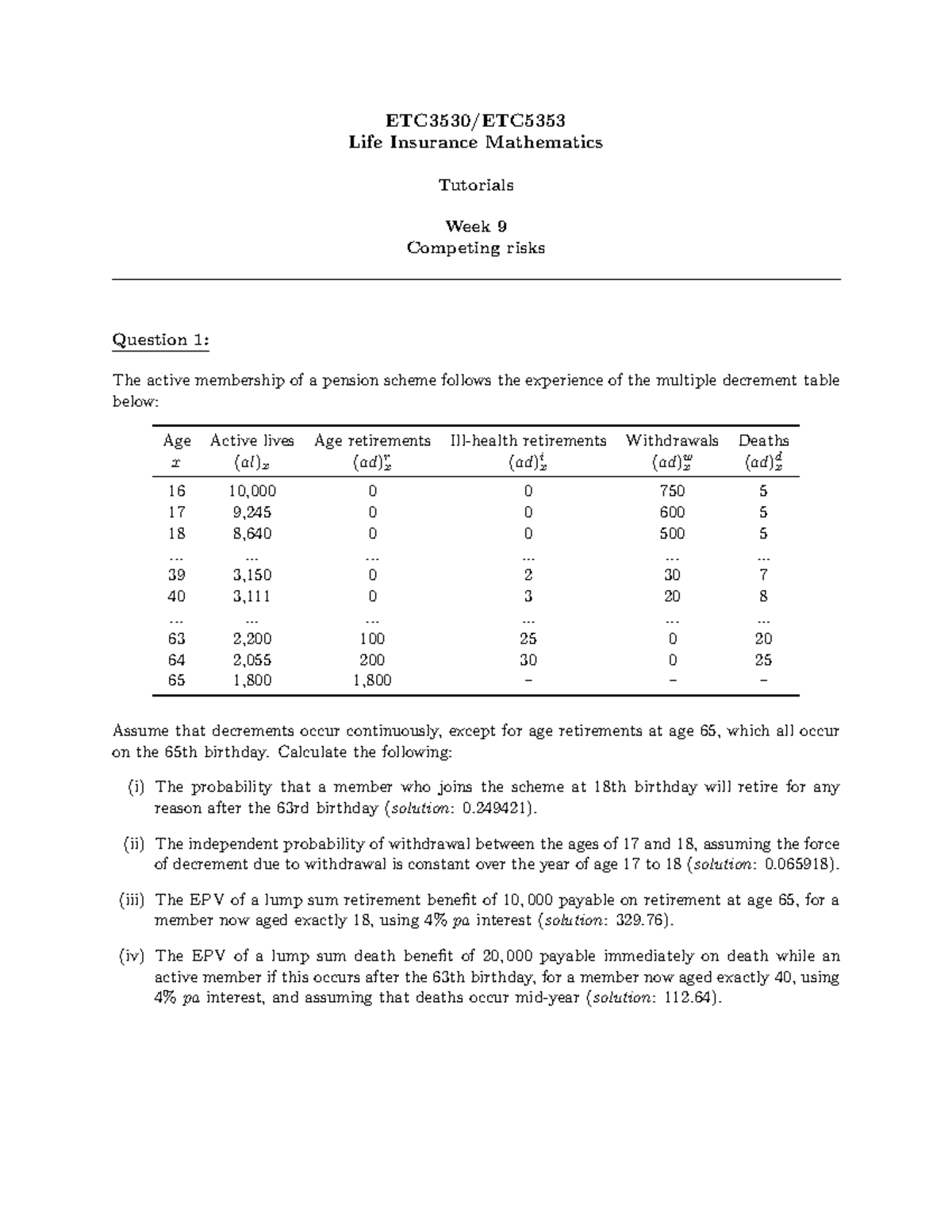 ETC3530/ETC5353 Tutorial Week 9a - Life Insurance Math Overview - Studocu