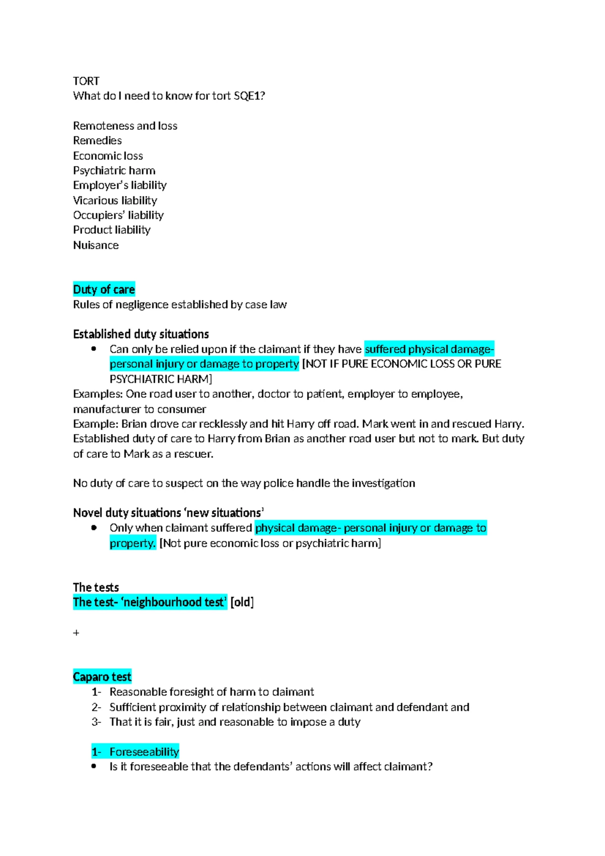 Tort Notes - SQE 1 FLK 1 - SQE 1 FLK 1: Tort 1 Negligence: Duty of Care ...