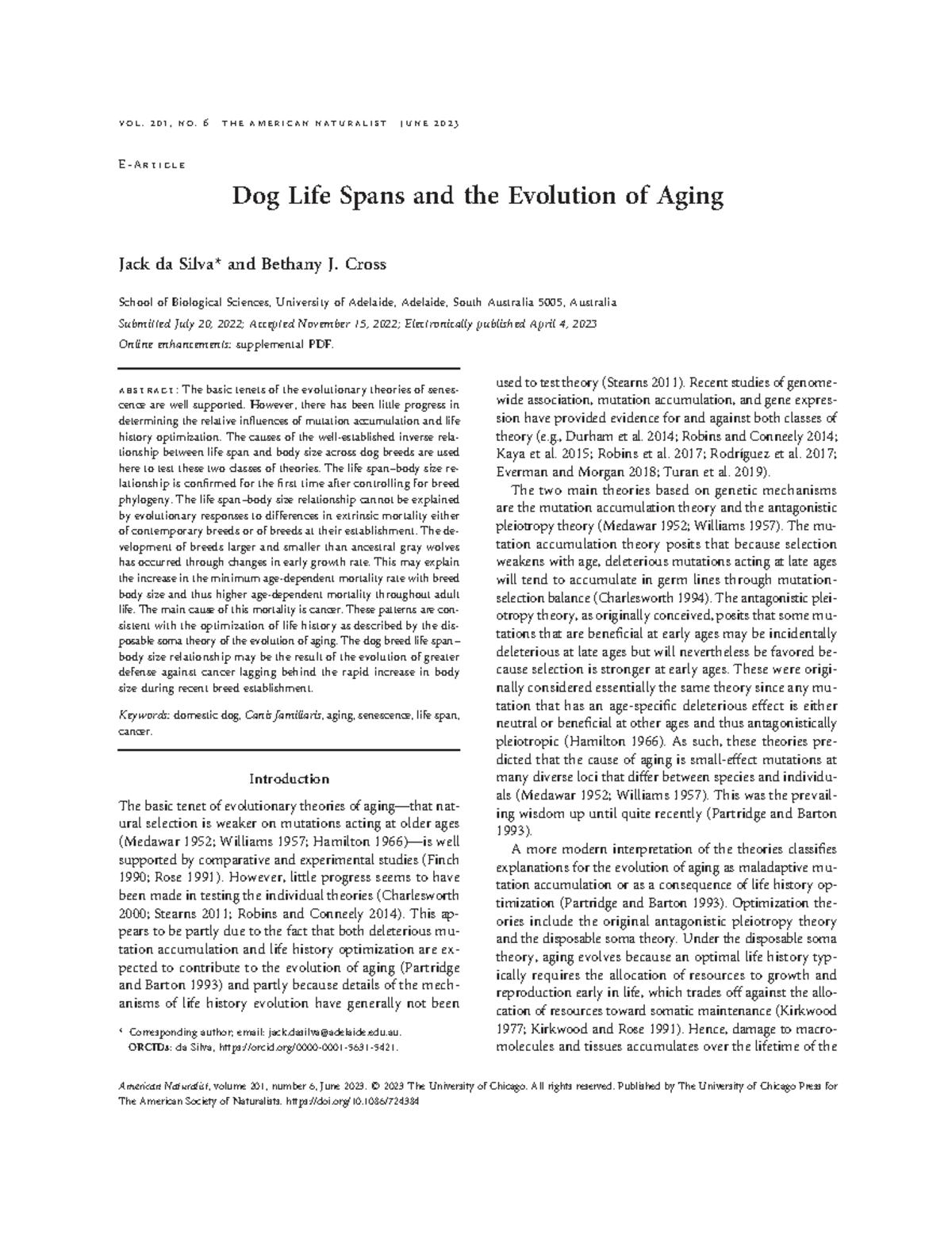 Dog Life Spans and Aging: Insights from Evolutionary Theories (BIOL ...