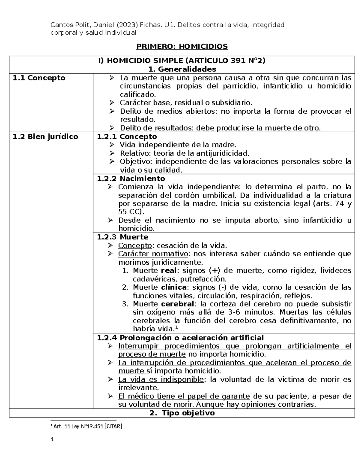 Fichas U1: Delitos contra la Vida, Integridad Corporal y Salud ...