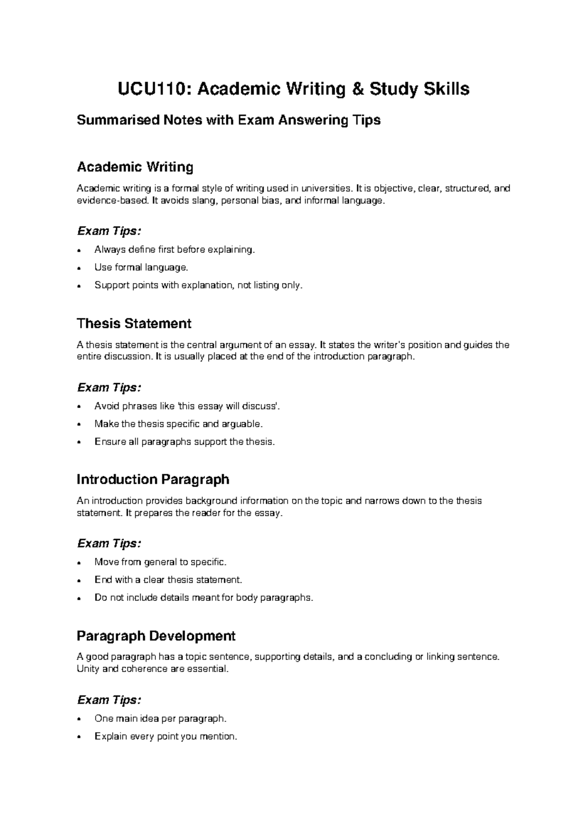 UCU110: Summarised Academic Writing Notes & Exam Tips - Studocu