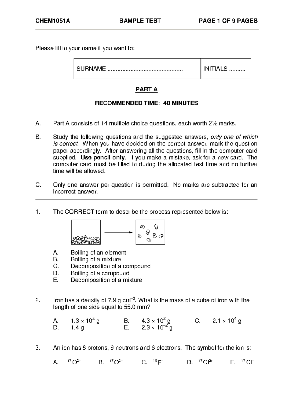 Chem1051AT - chem sample questions - PAGE 1 OF 9 PAGES Please fill in ...