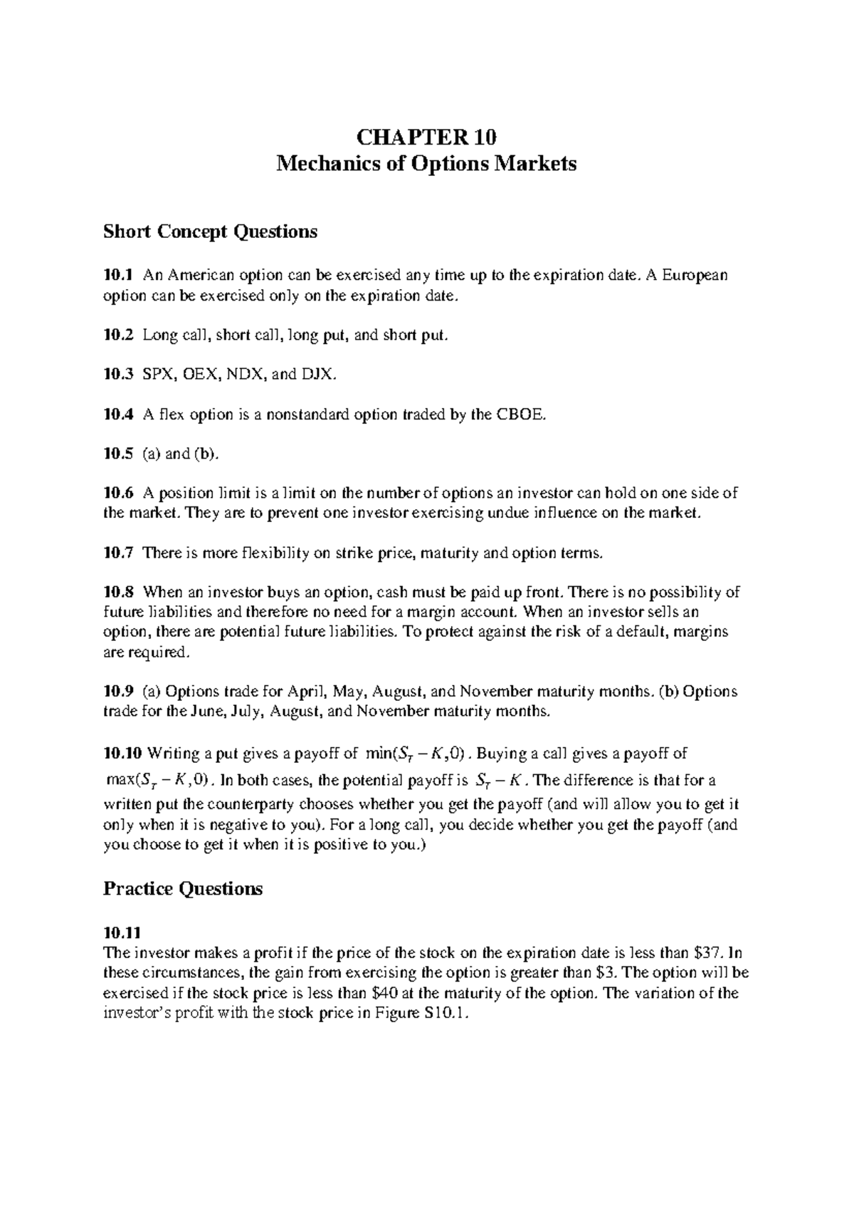 Hull OFOD 11e Solutions Ch 10 - CHAPTER 10 Mechanics of Options Markets ...
