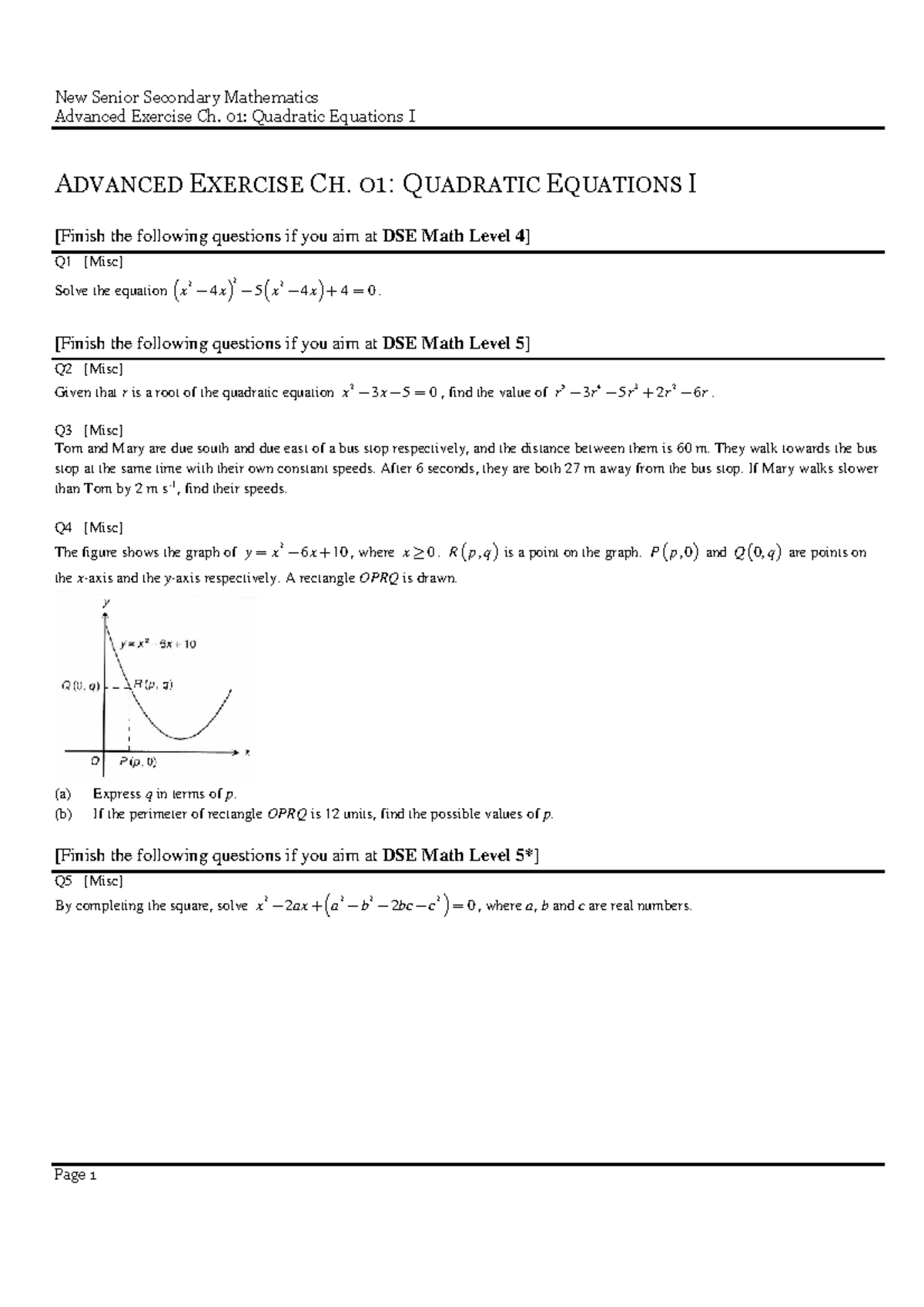 Adv Ex 01: Quadratic Equations I - DSE Math Level 4 & 5 Questions - Studocu