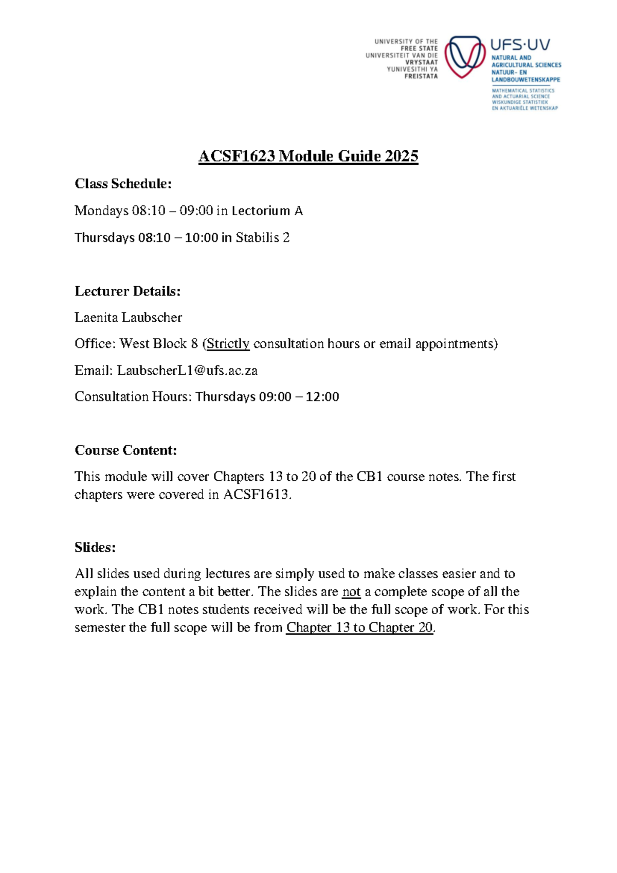 ACSF1623 Module Guide 2025: Class Schedule & Important Dates - Studocu
