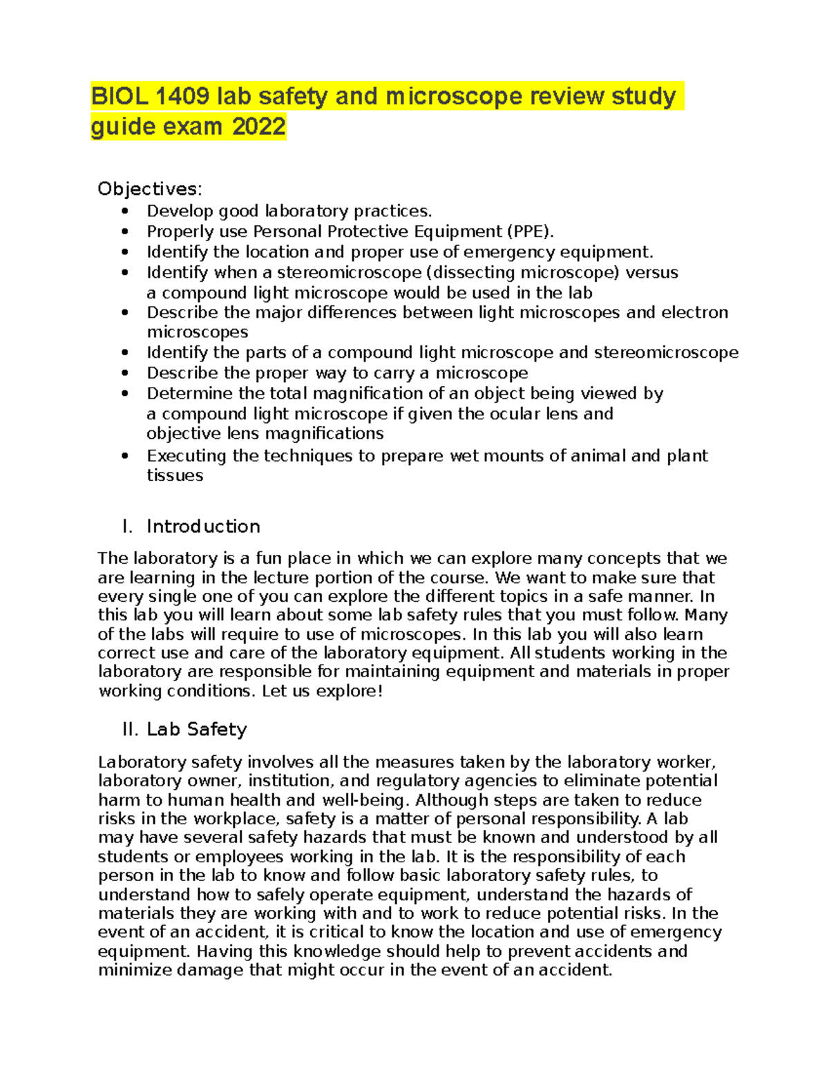 Lab 16: Microscopy Techniques and Safety Guidelines for BIOL 1409 - Studocu