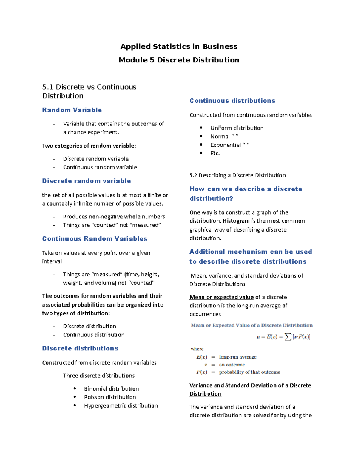 Stats MOD5 Reviewer - Applied Stats Business: Discrete Distributions ...
