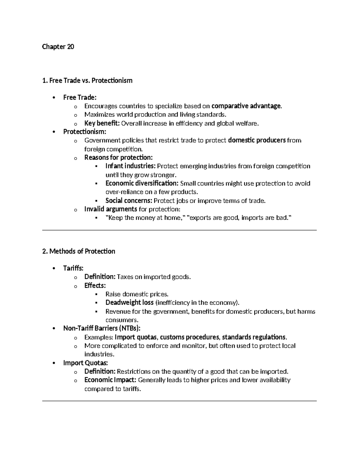 Final Econ 201 - Chapter 20: Free trade vs. protectionism and trade ...