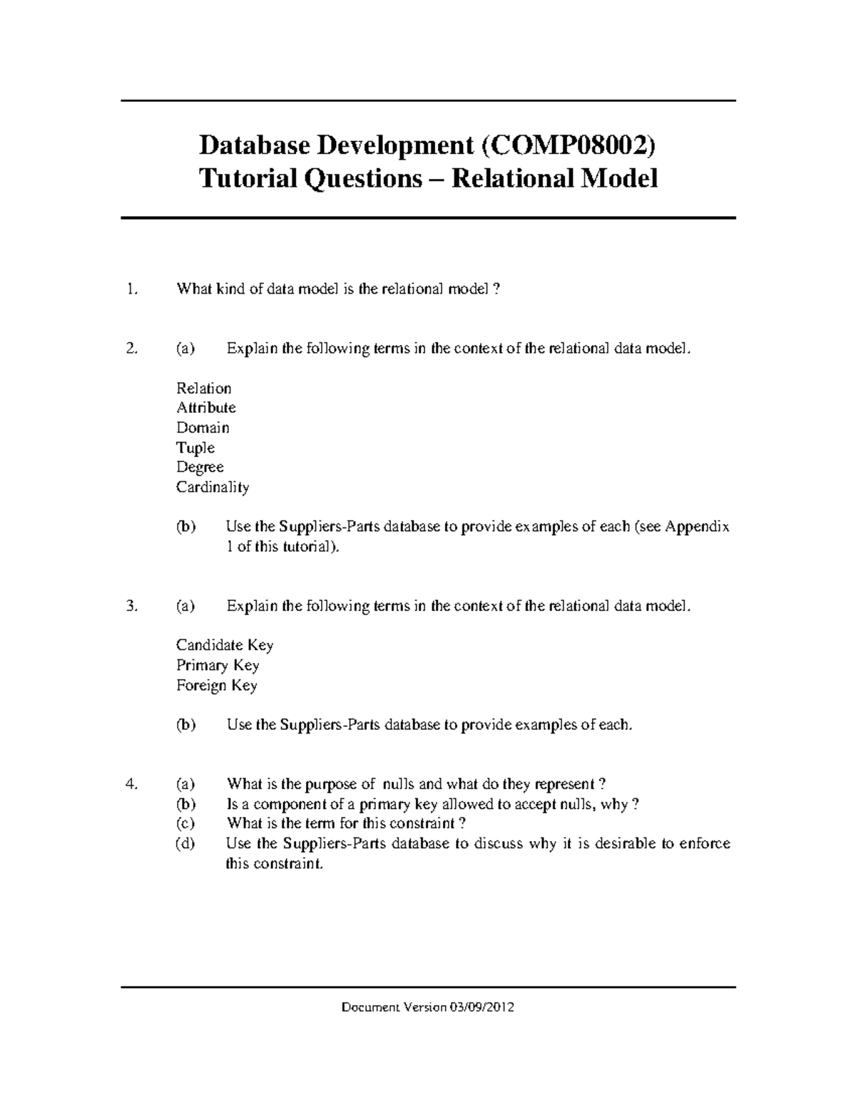COMP08002 Tutorial Questions on Relational Model Concepts - Studocu