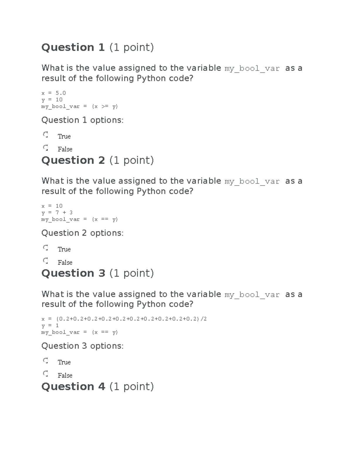 Exam 1 Aug 2017: Python Boolean Variables & Expressions Questions - Studocu