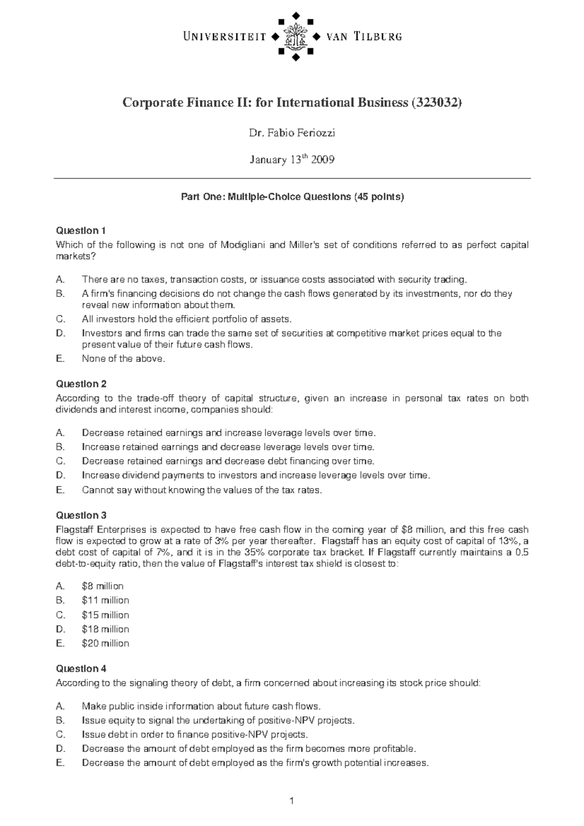 Corporate Finance II Exam: Multiple-Choice and Open Questions (323032 ...