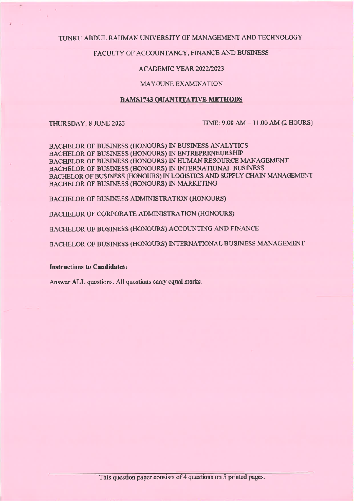 BAMS1743 2023 June (with final answer) - Quantitative Methods - Age of ...