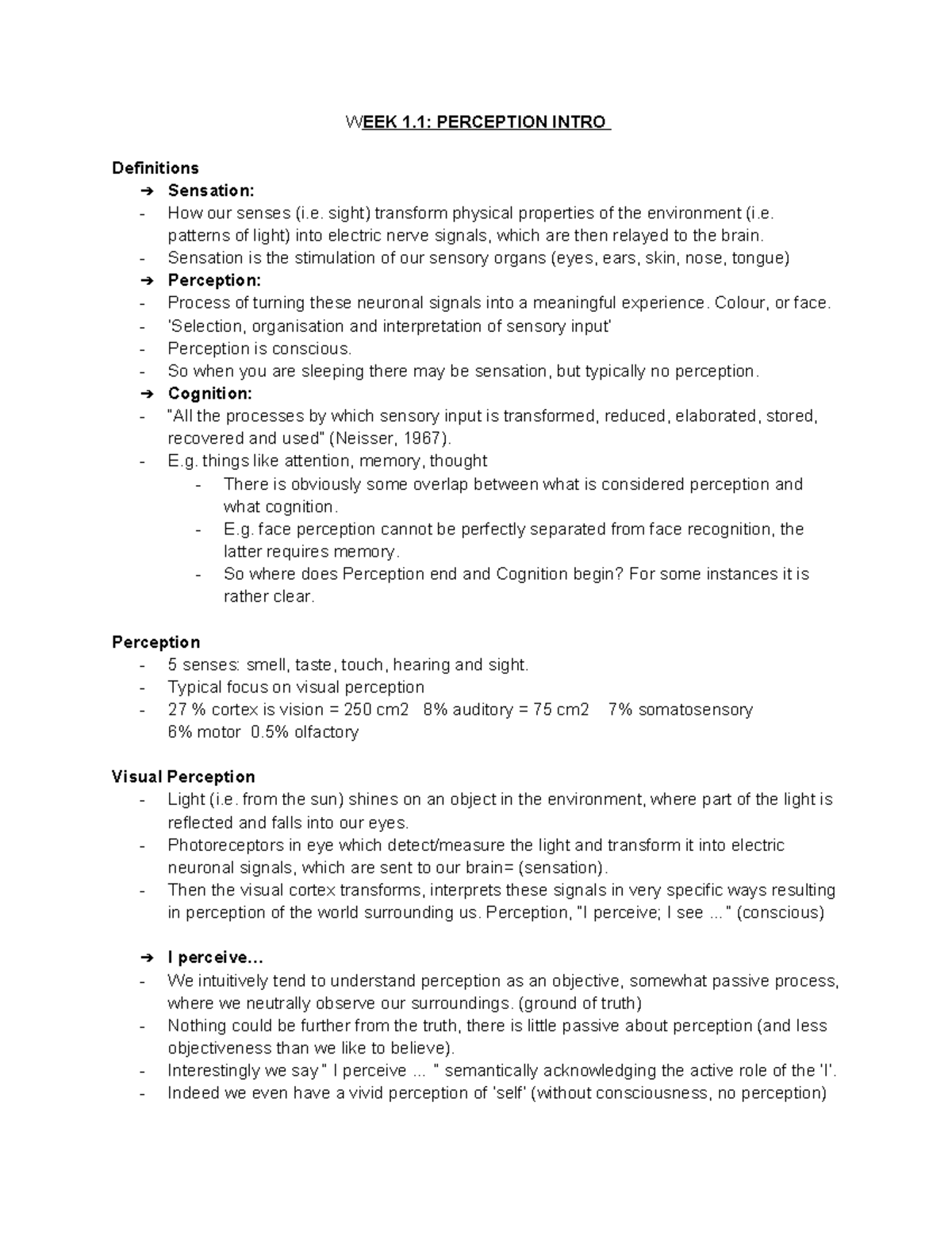 WEEK 1.1: INTRODUCTION TO PERCEPTION AND SENSATION - Studocu