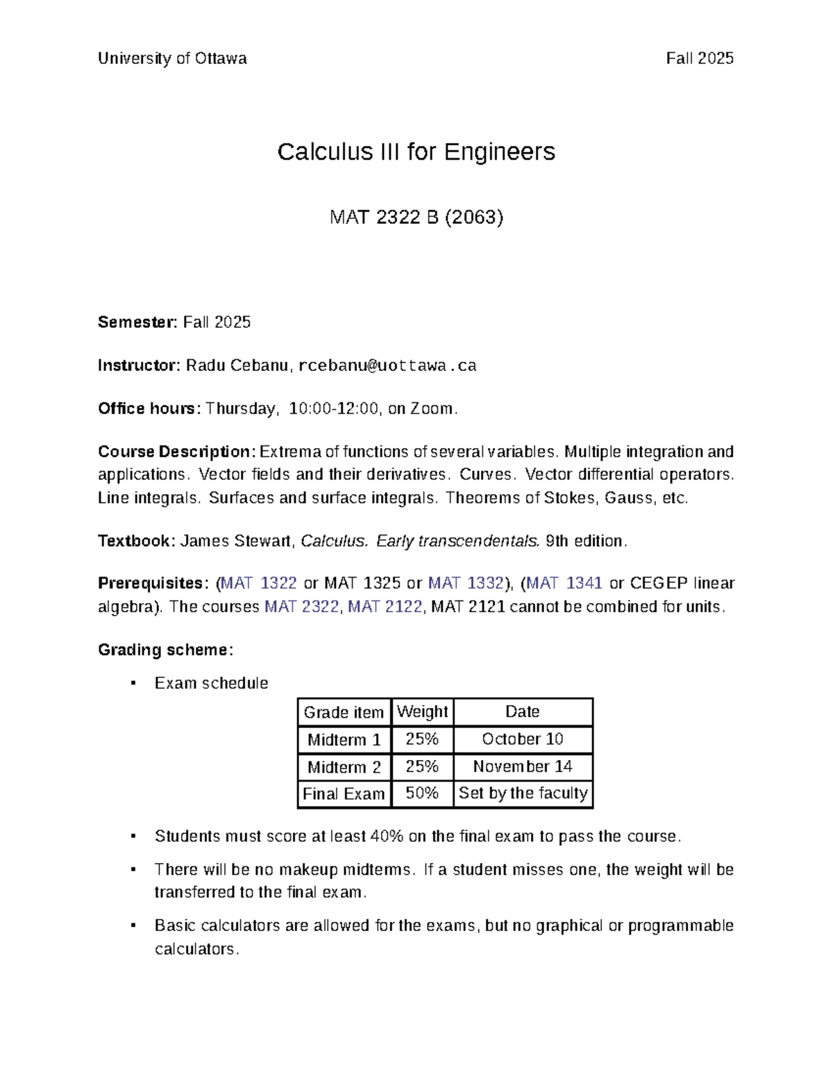 Syllabus - MAT 2322 B Calculus for Engineers Fall 2025 - Studocu