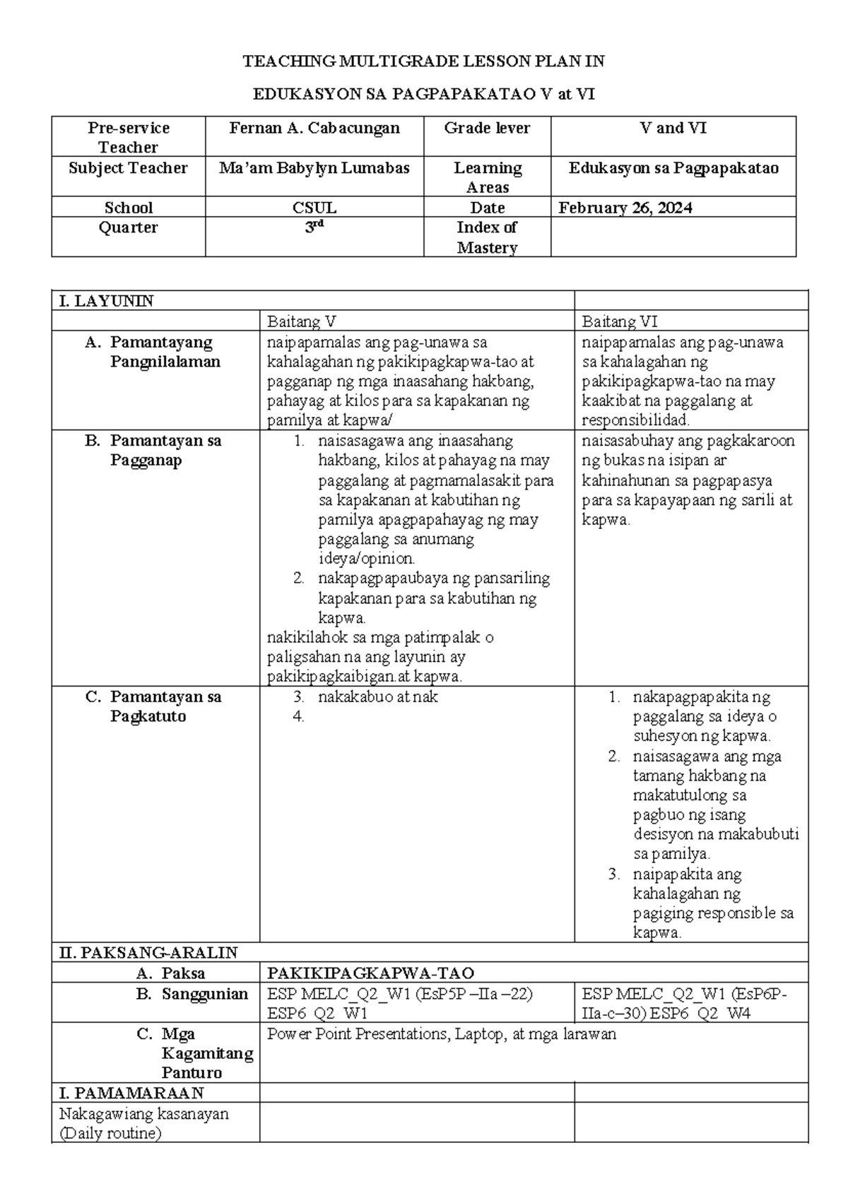 Edukasyon sa Pagpapakatao V at VI: Multigrade Lesson Plan by Fernan ...