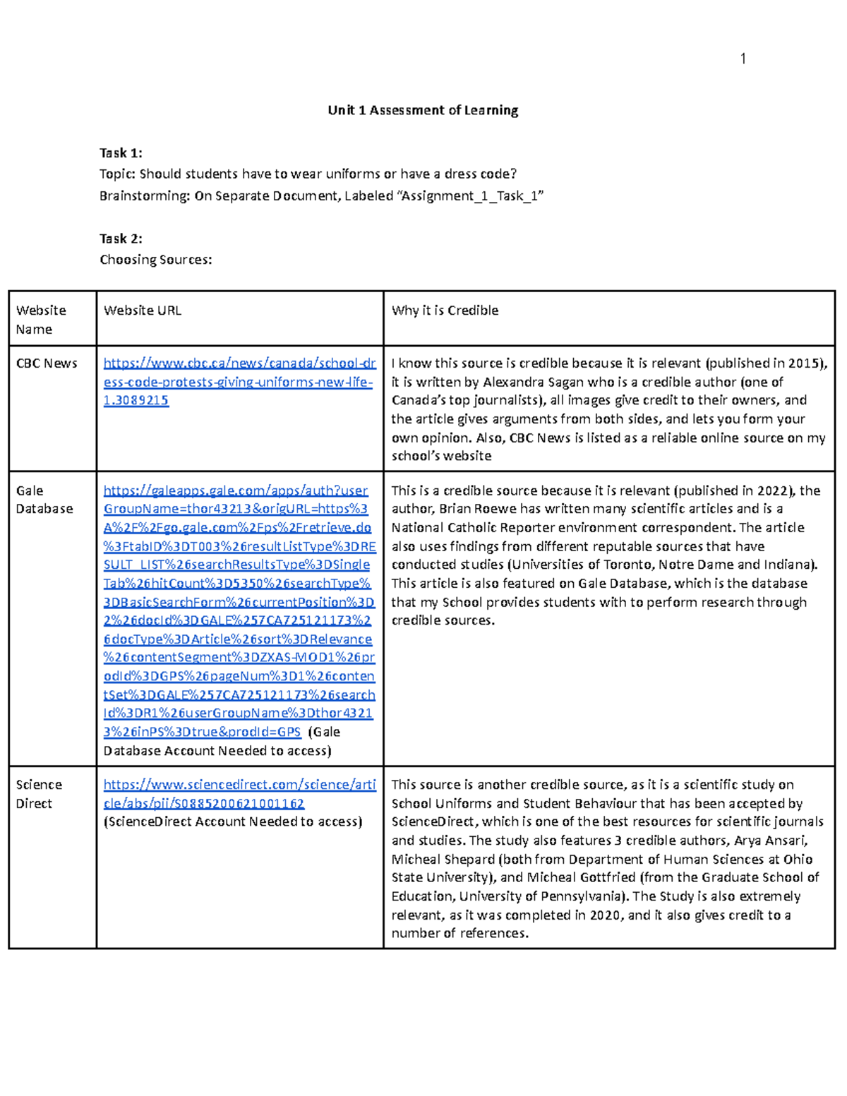 Unit 1 Assessment of Learning - 1 Unit 1 Assessment of Learning Task 1 ...