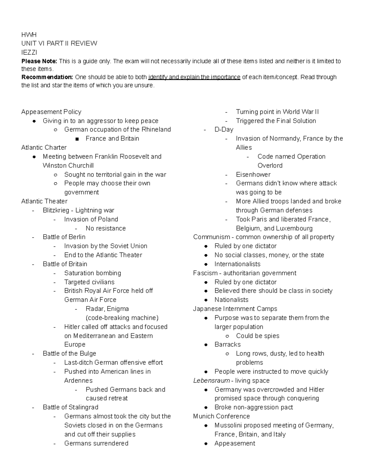 HWH VI Part II Study Guide: Key Concepts & Events Review - Studocu