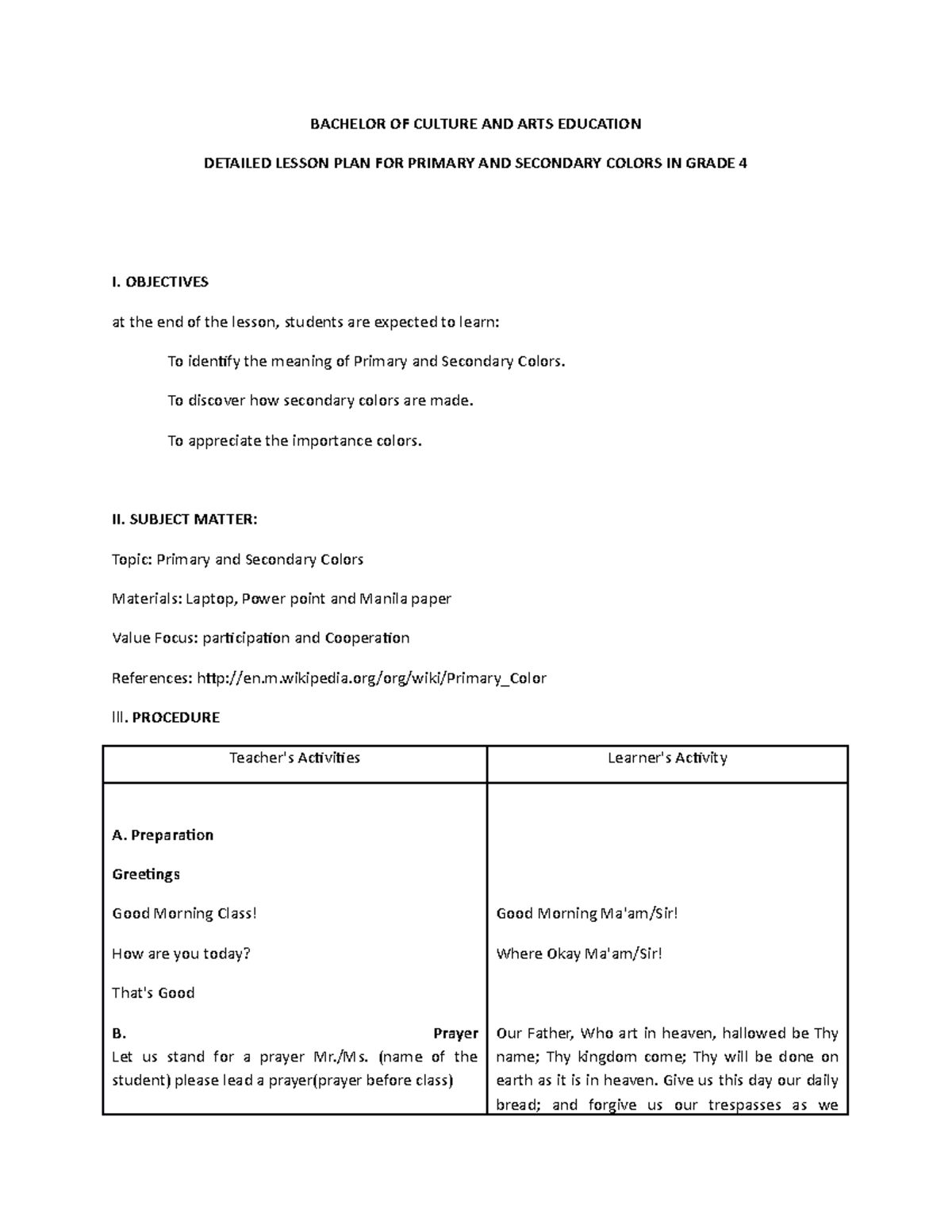 Detailed Lesson Plan on Primary and Secondary Colors (Grade 4) - Studocu