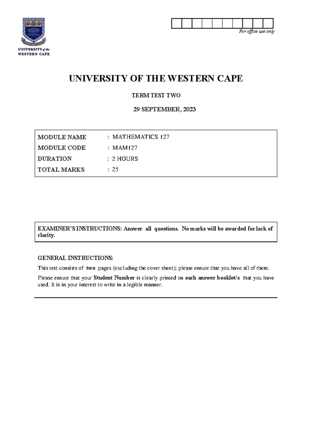 MAM127 Term Test Two - Mathematics 127, September 2023 - Studocu