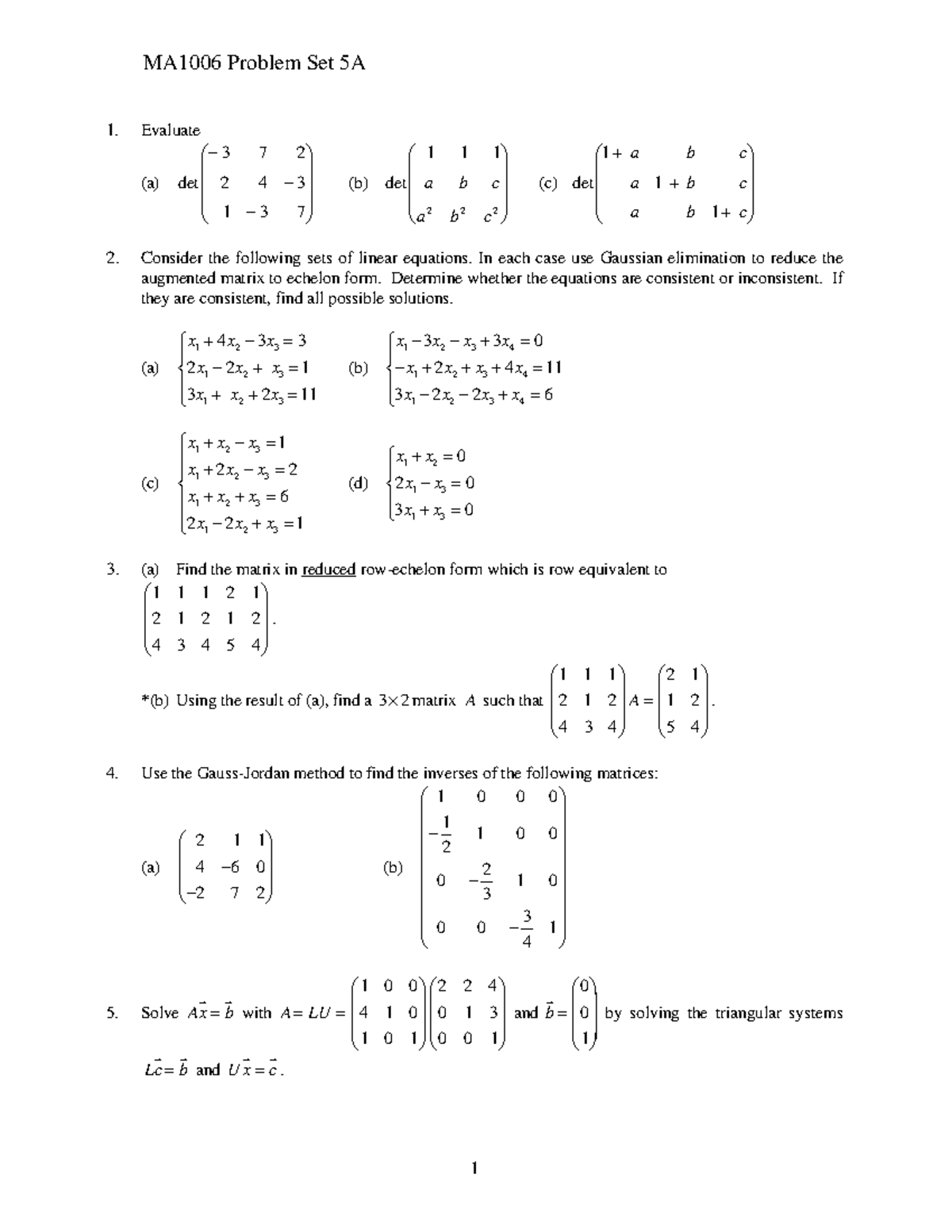 PS5A - Problem Set - 1 MA2176a7 Matrices, Determinants and Systems of ...