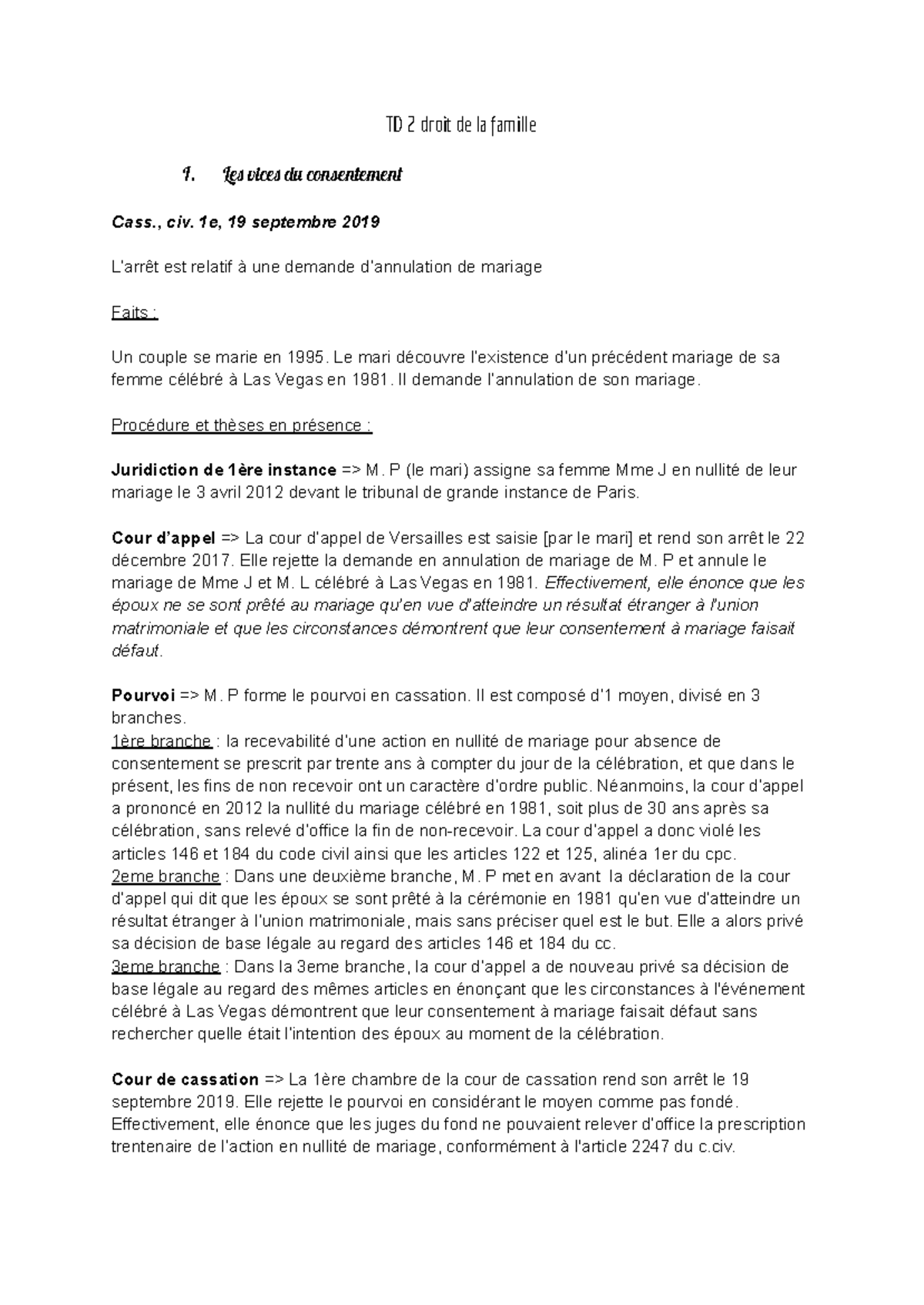 Analyse d'arrêt droit de la famille - TD 2 droit de la famille I. Le ...