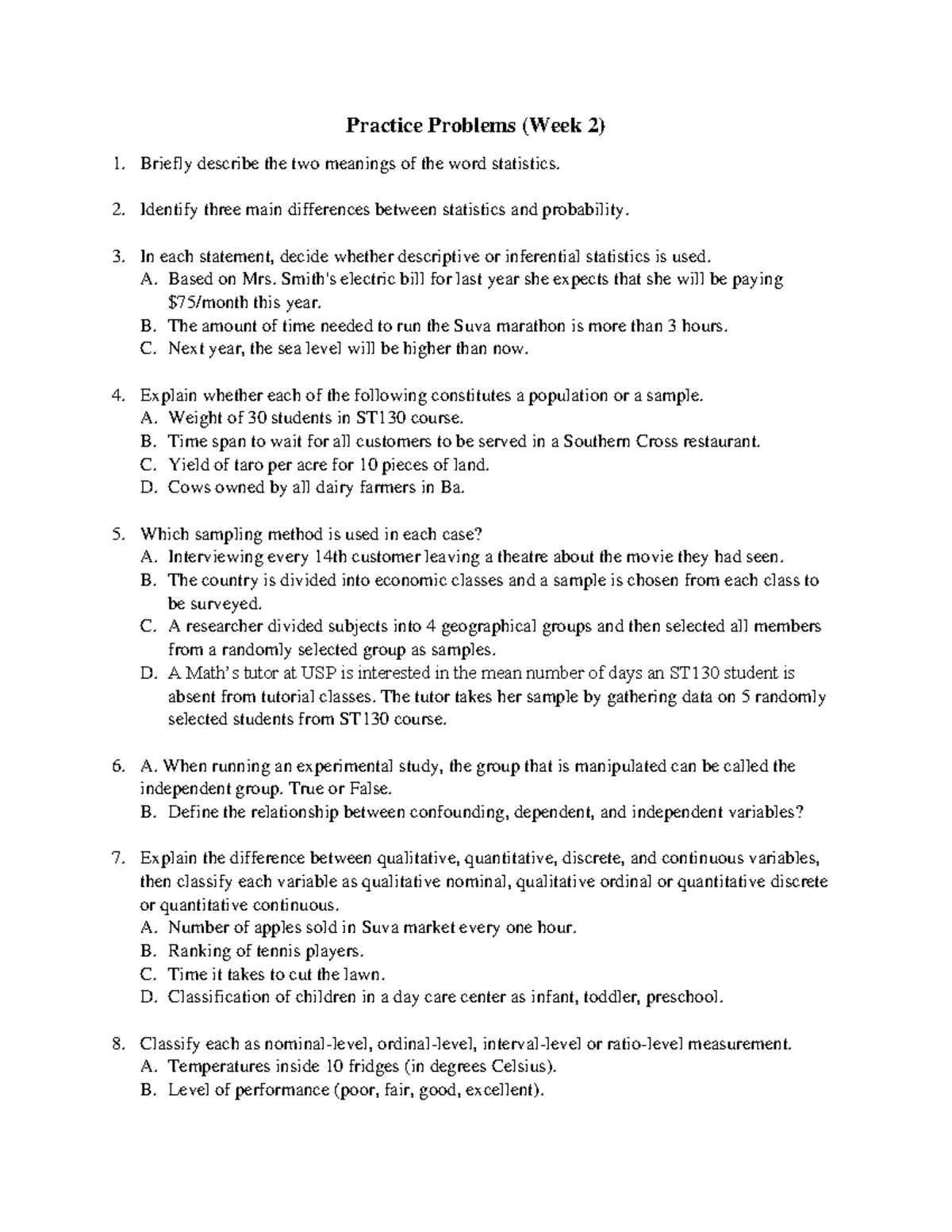 ST130 Practice Problems: Statistics & Probability Concepts - Studocu