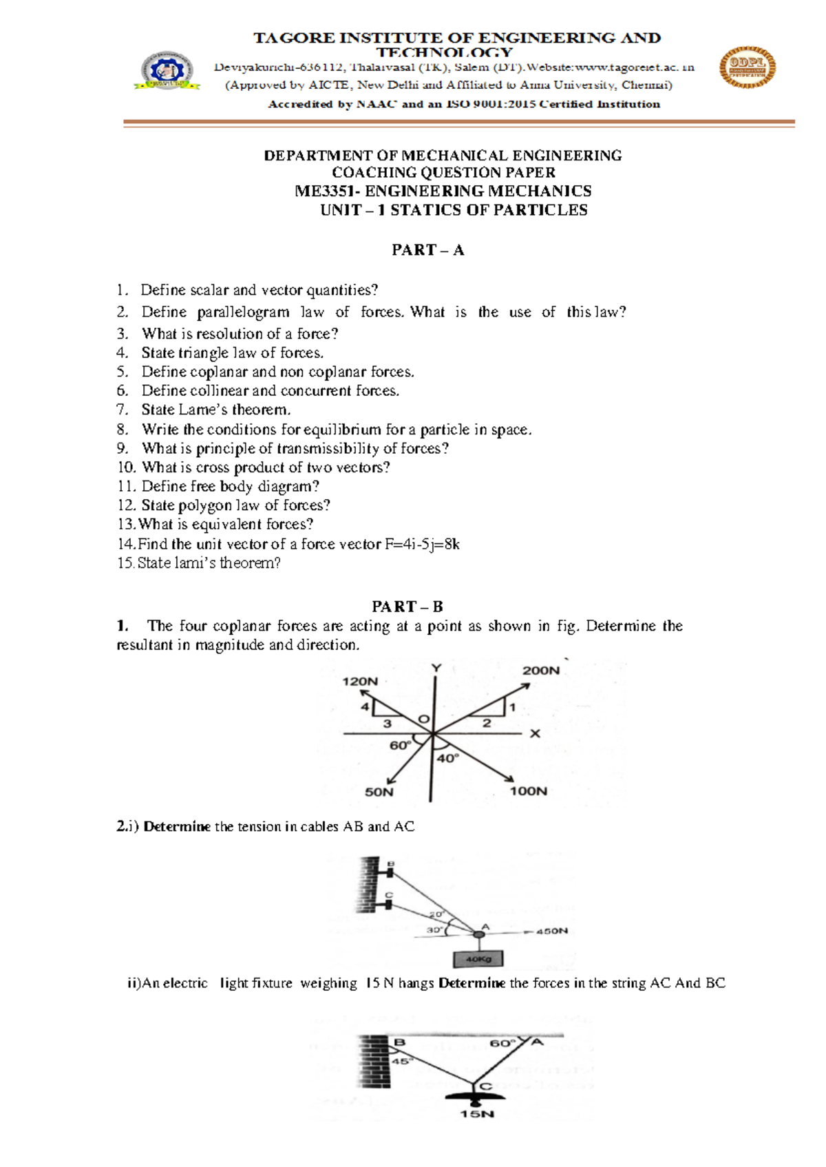 EM Coaching Question - ENGINEERING MECHANICS - DEPARTMENT OF MECHANICAL ...