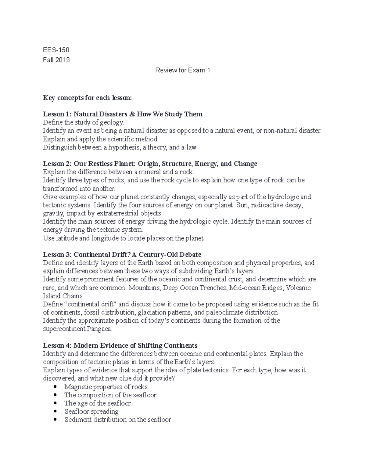 EES-150 Review for Exam 1 - EES- Fall 2019 Review for Exam 1 Key ...