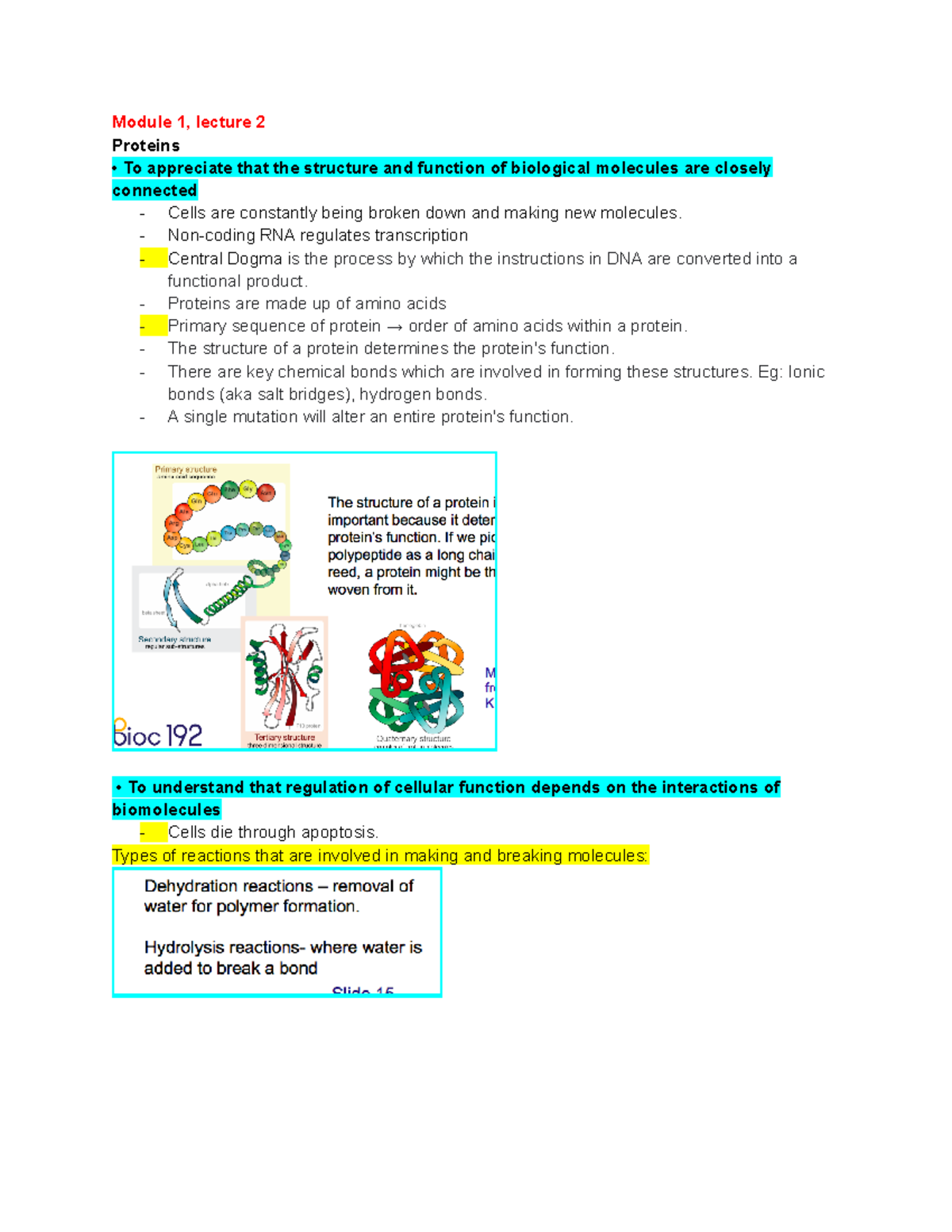 Bioc192 - Comprehensive Lecture Notes on Protein Structure & Function ...