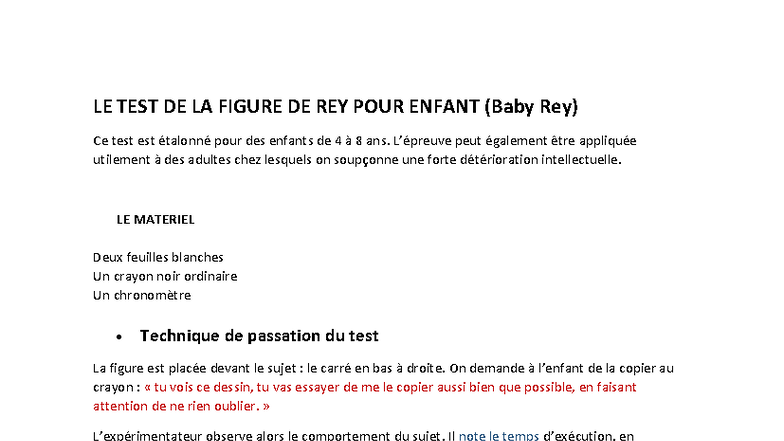 Cotation du Test de la Figure de Rey pour Enfants (690035250) - Studocu