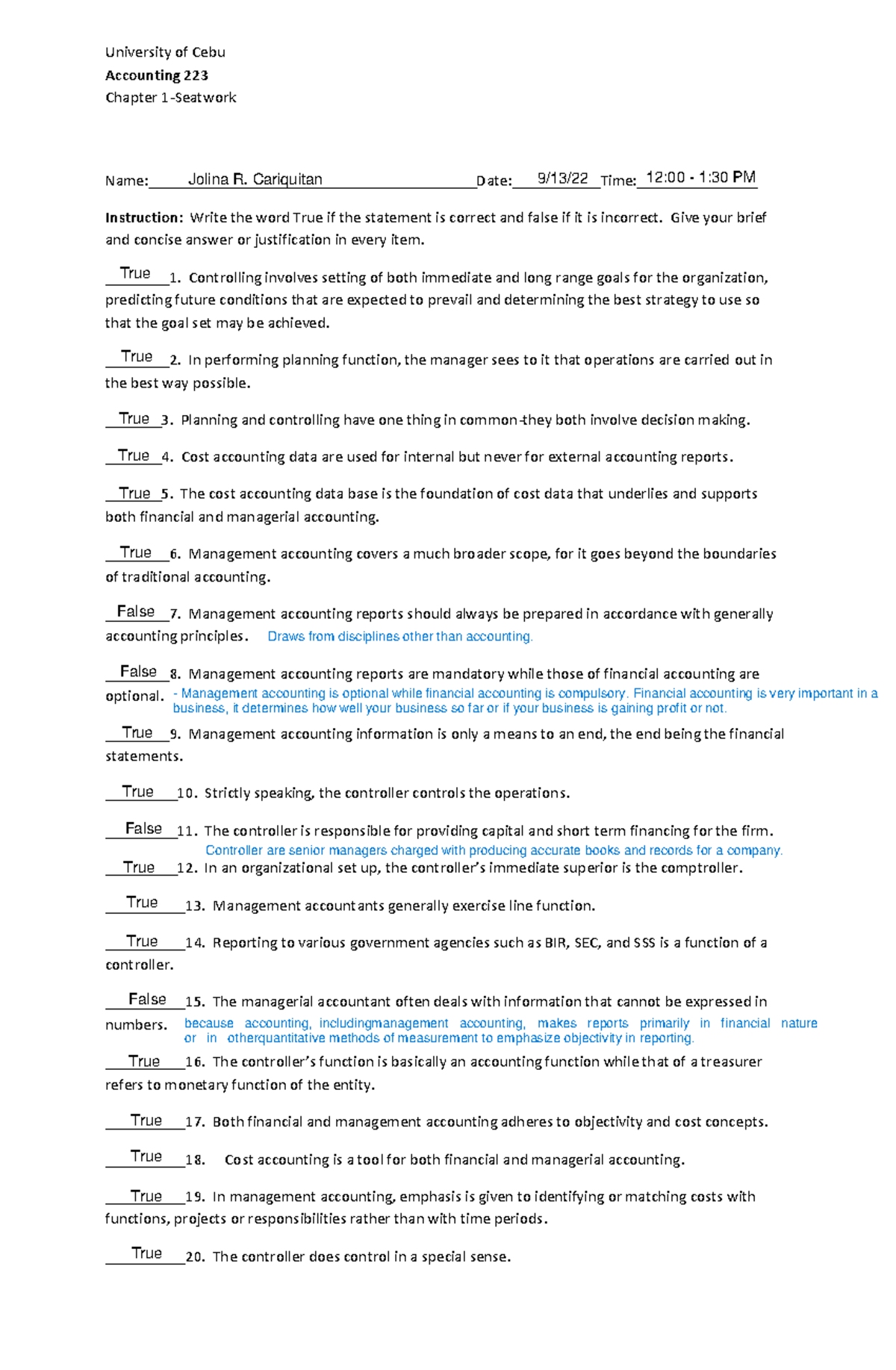 Acctg 223 Chapter 1 - Cost Accounting Theories Seatwork Answers - Studocu