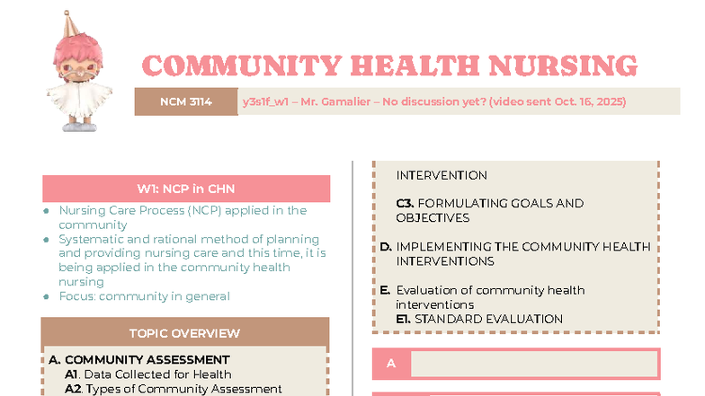 COMMUNITY HEALTH NURSING NCM 3114 W1: NCP Notes and Interventions - Studocu