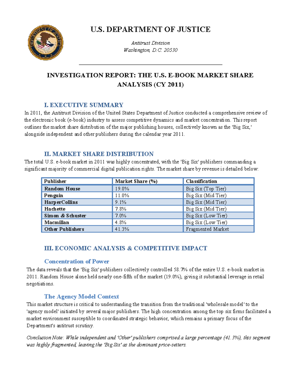 DOJ Antitrust Division Ebook Market Share Report 2011 - Studocu