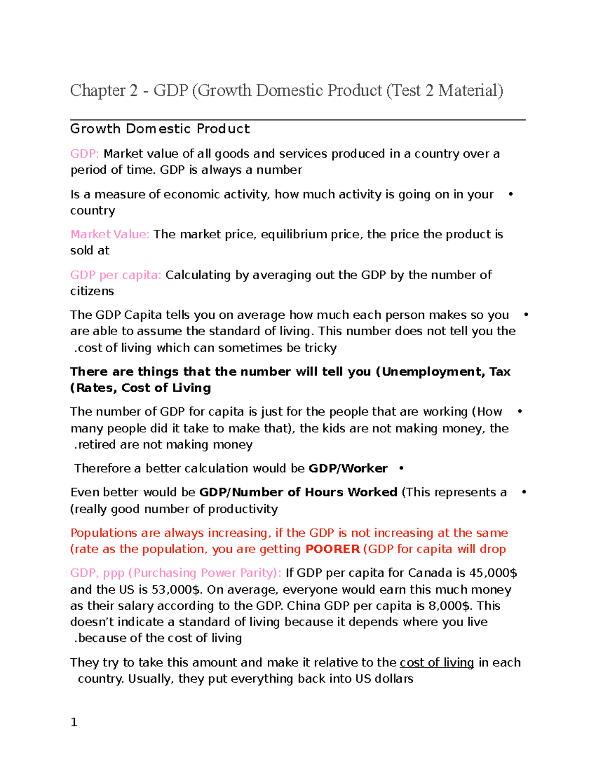 GDP Economics Chapter 2 Notes - Test 2 Material by Prof. Michel Mayer ...