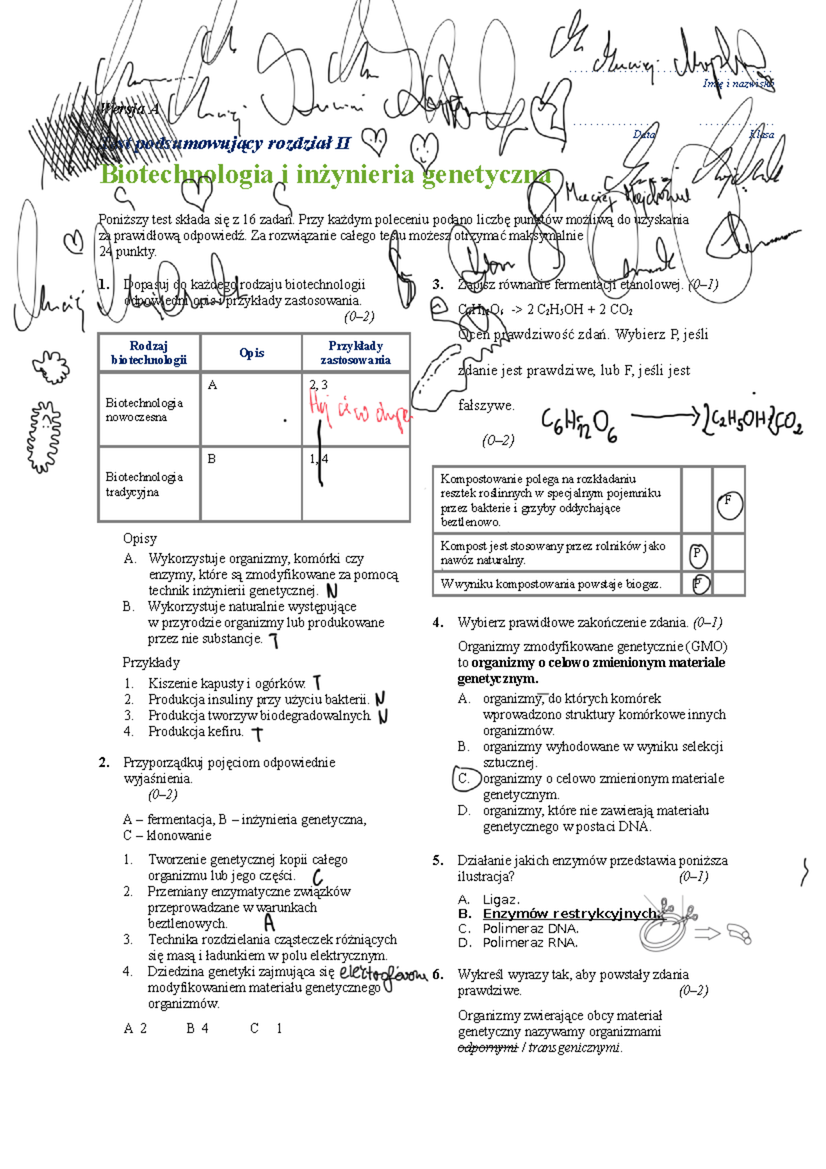 Sprawdzian Biotechnologia I Inżynieria Genetyczna - Wersja A Test