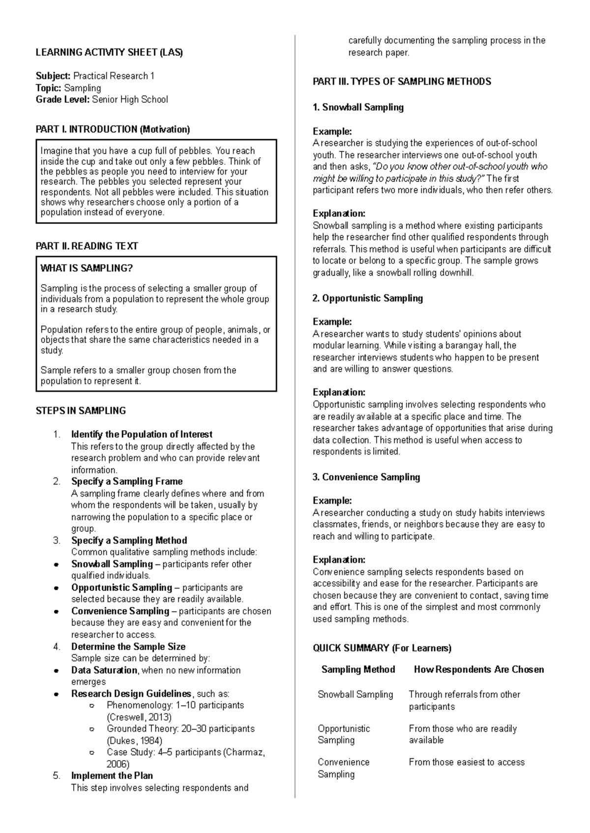 LAS: Practical Research Sampling Methods for Senior High School - Studocu