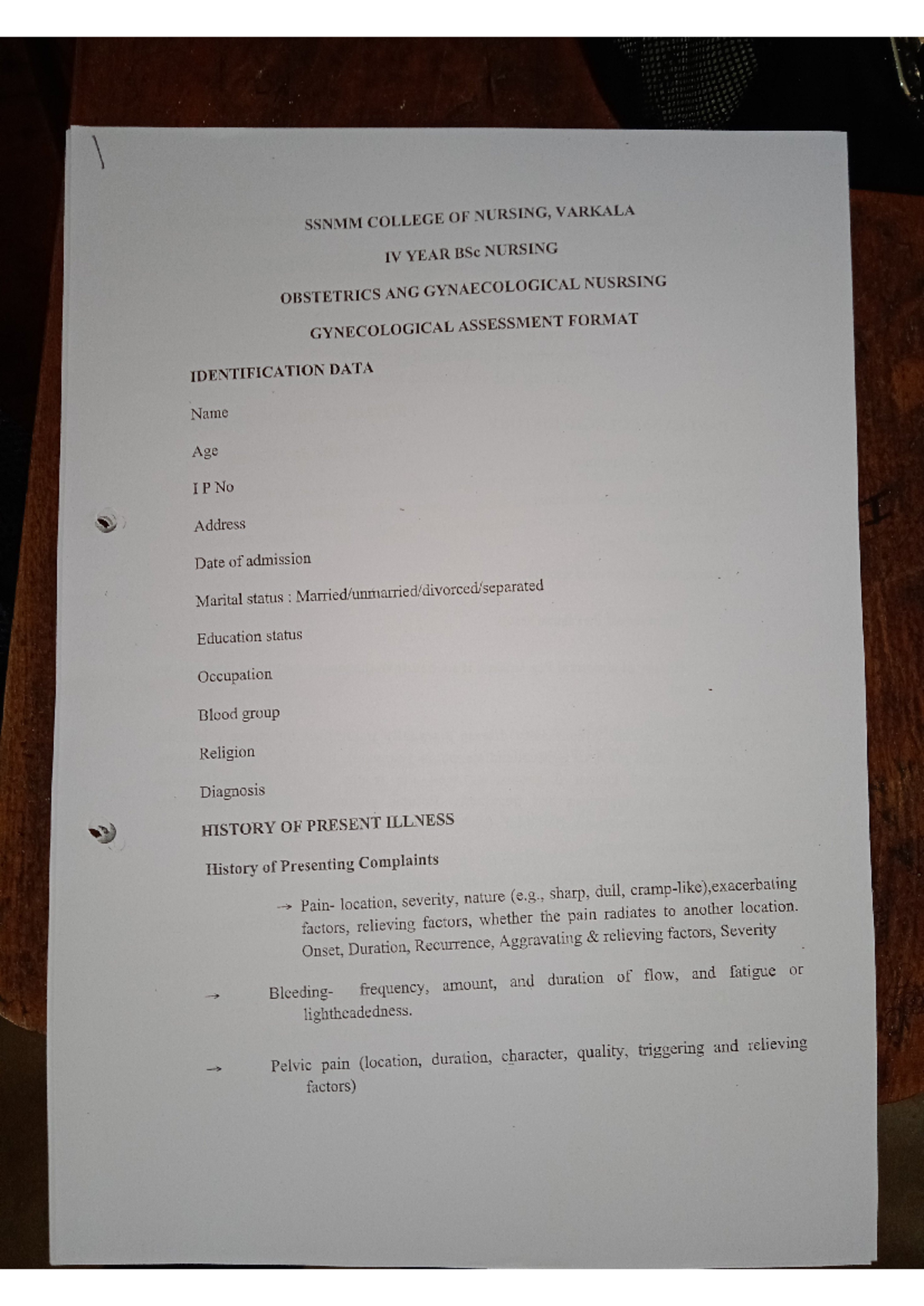 BSc Nursing IV Year: Gynecological Assessment Format Guide - Studocu