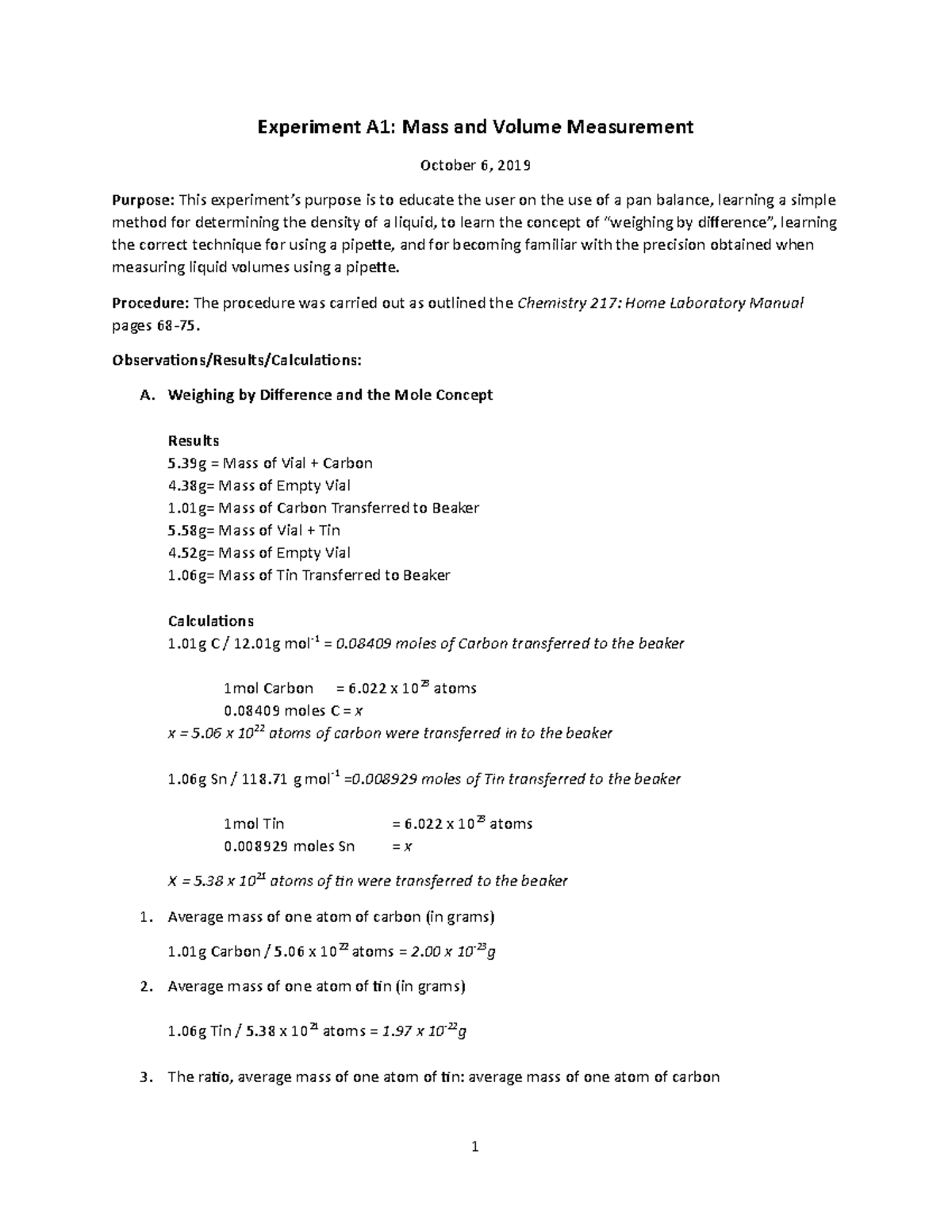 Chemistry 217: Experiment A1 - Mass & Volume Lab Report Insights - Studocu