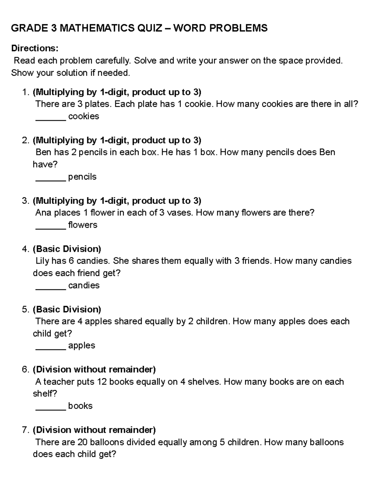 GRADE 3 MATHEMATICS QUIZ: WORD PROBLEMS REVIEWER - Studocu