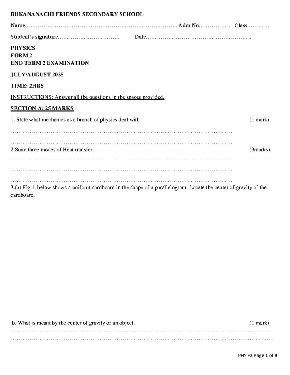 Physics F2 End Term 2 Exam Questions - 2025 Revision Guide - Studocu