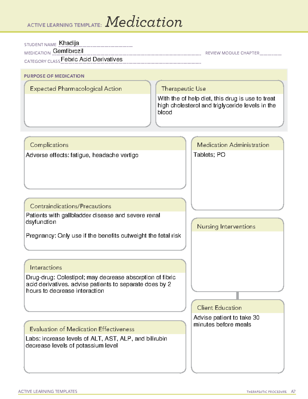 Gemfibrozil Medication Card - Active Learning Template - Studocu