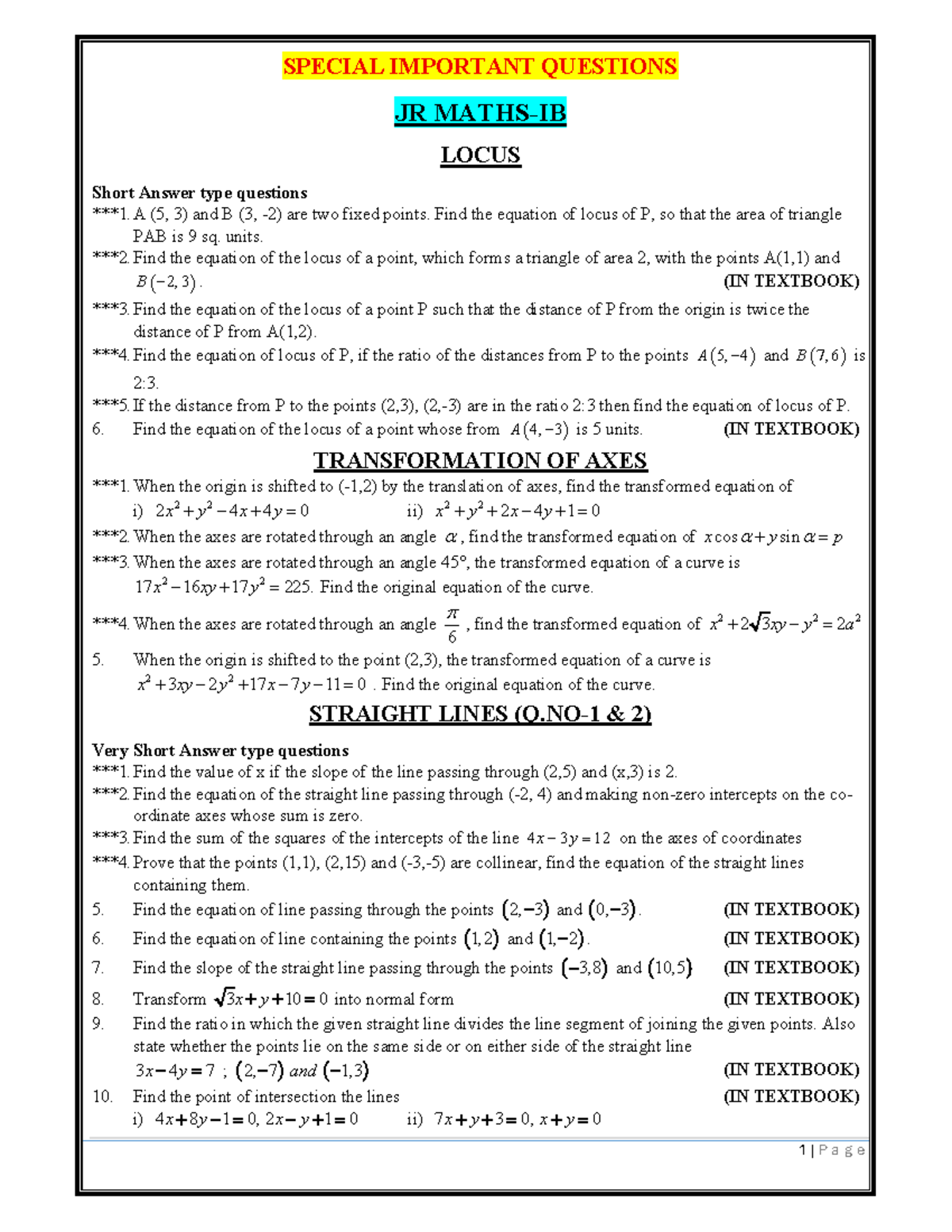 Revised Final MAT-IB Special Important Questions on Locus and Straight ...