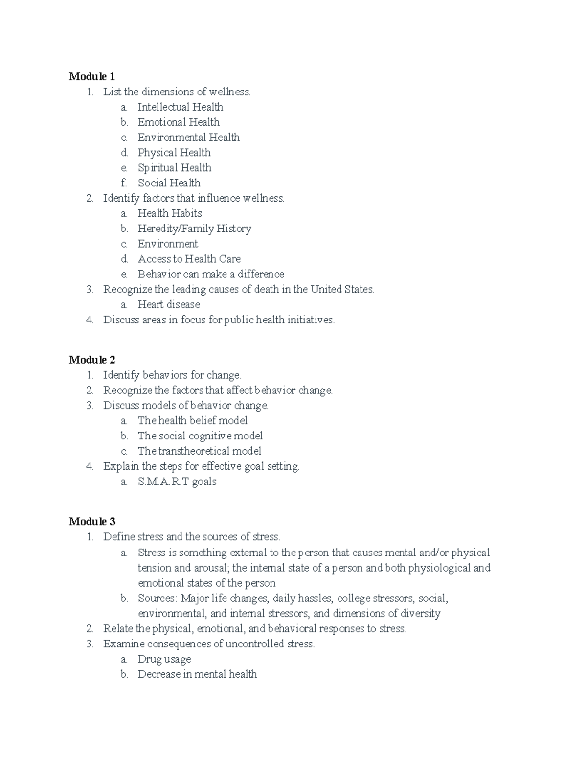 Health and Wellness - Exam 1 Study Guide (Modules 1-6 Overview) - Studocu