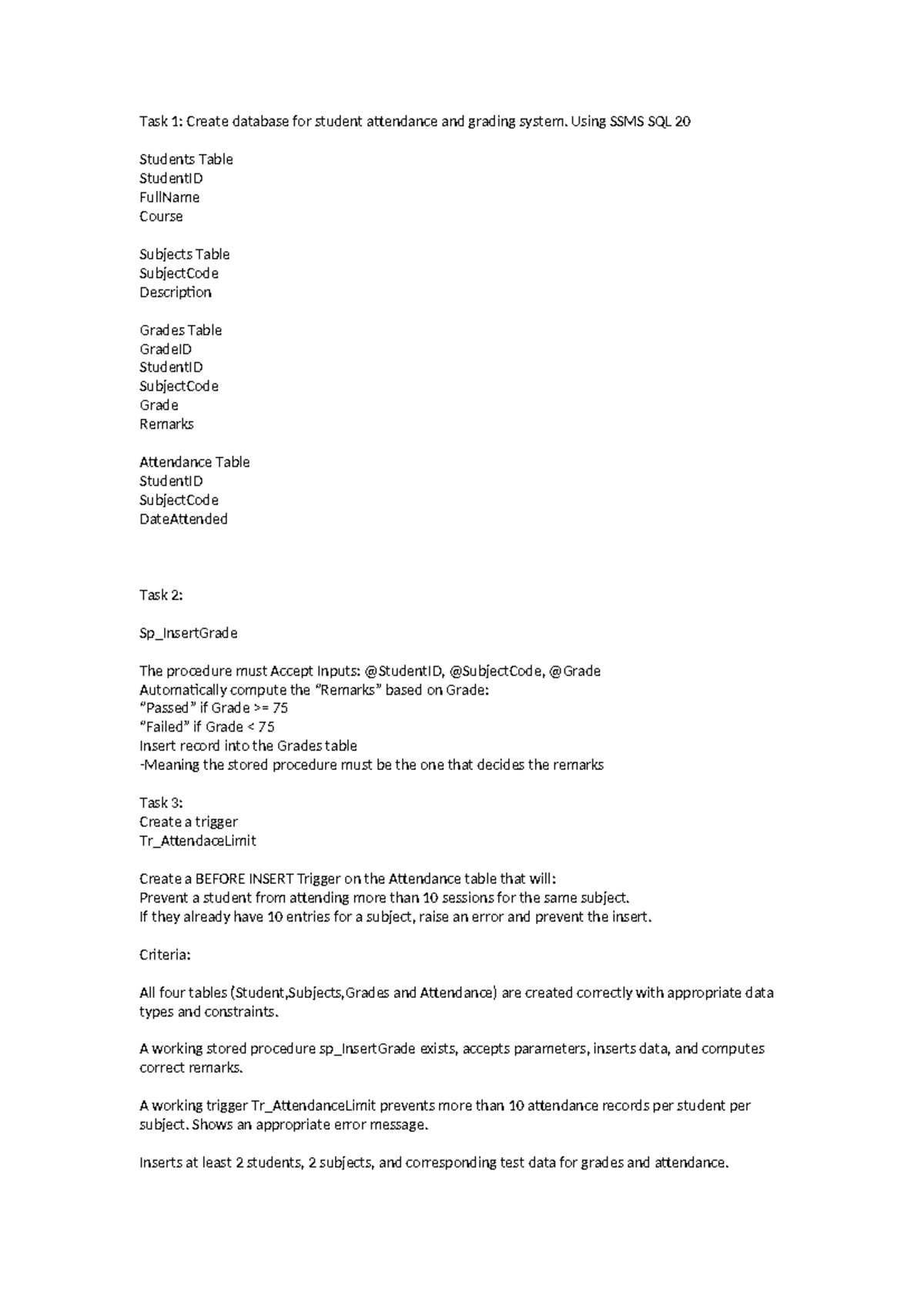 Task 1: Database Design for Student Attendance & Grading System - Studocu