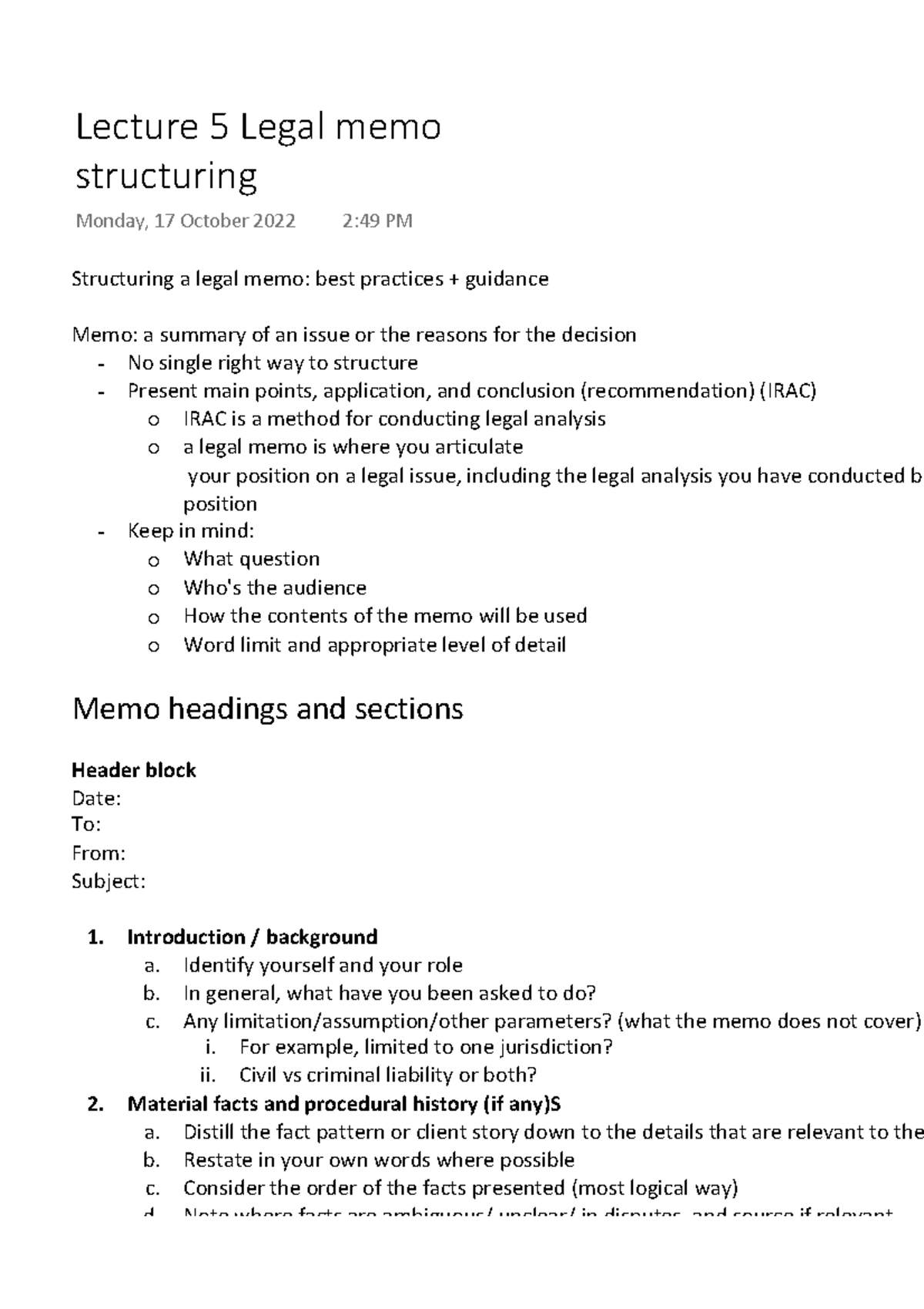 Lecture 5: Structuring a Legal Memo - Best Practices & Guidance - Studocu
