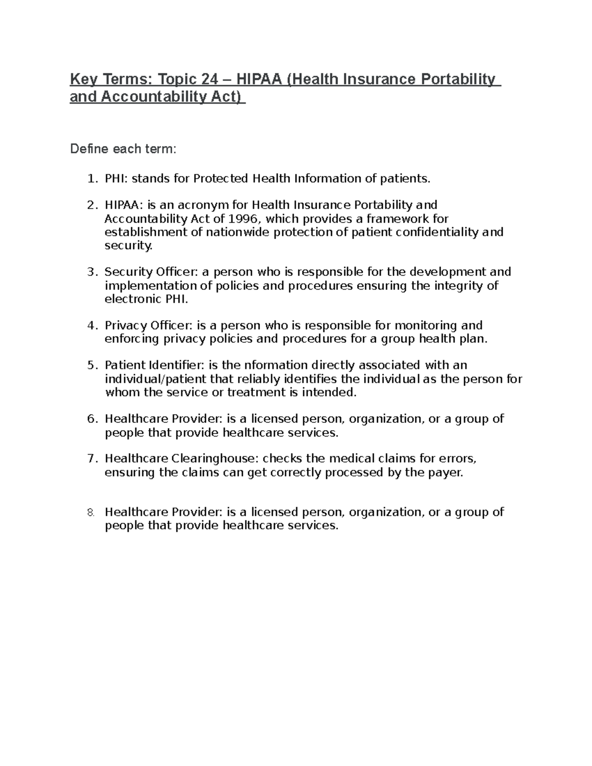 Key Terms for Topic 24: Understanding HIPAA Definitions - Studocu