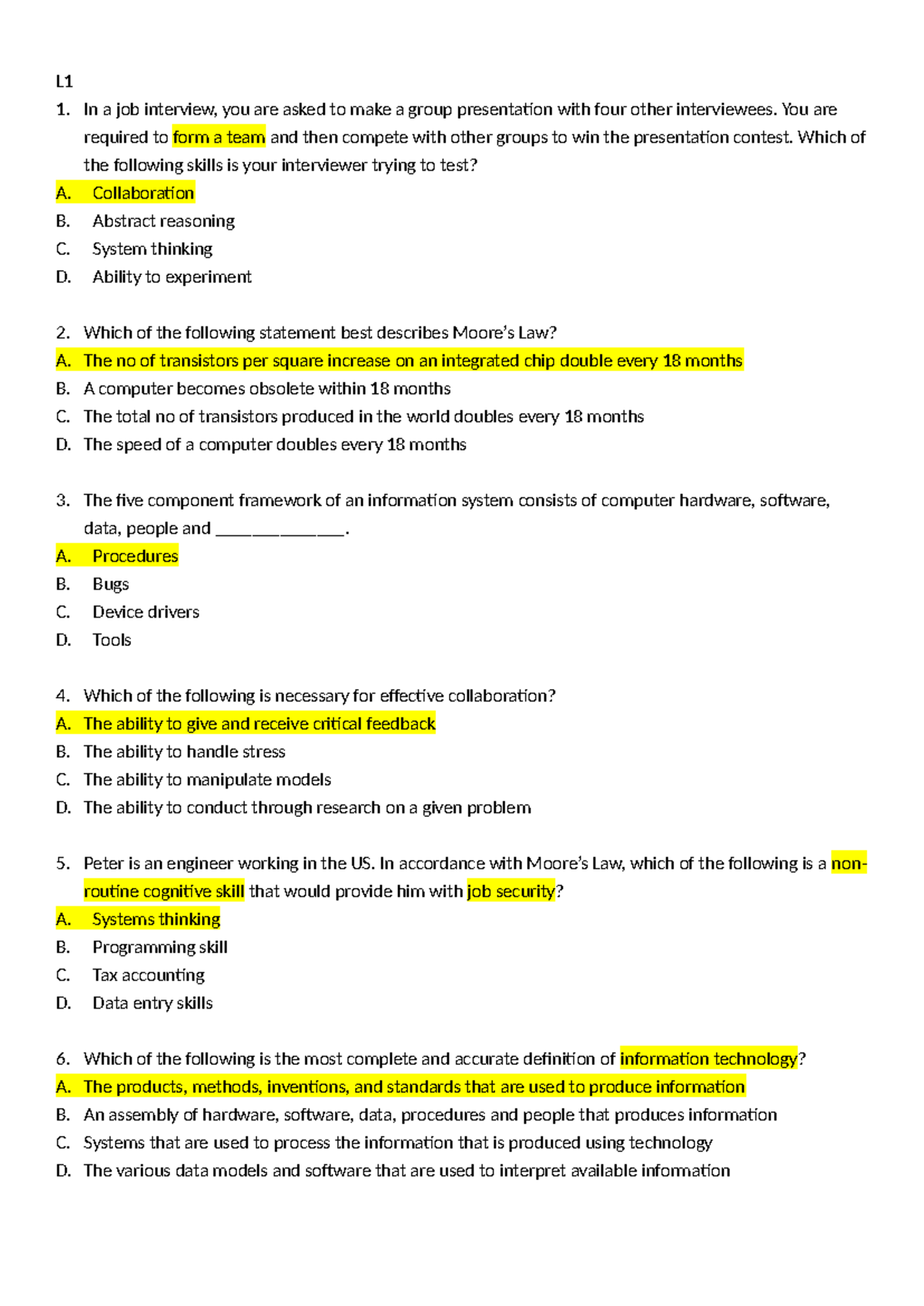 Extra Multiple Choice Questions - L In a job interview, you are asked ...