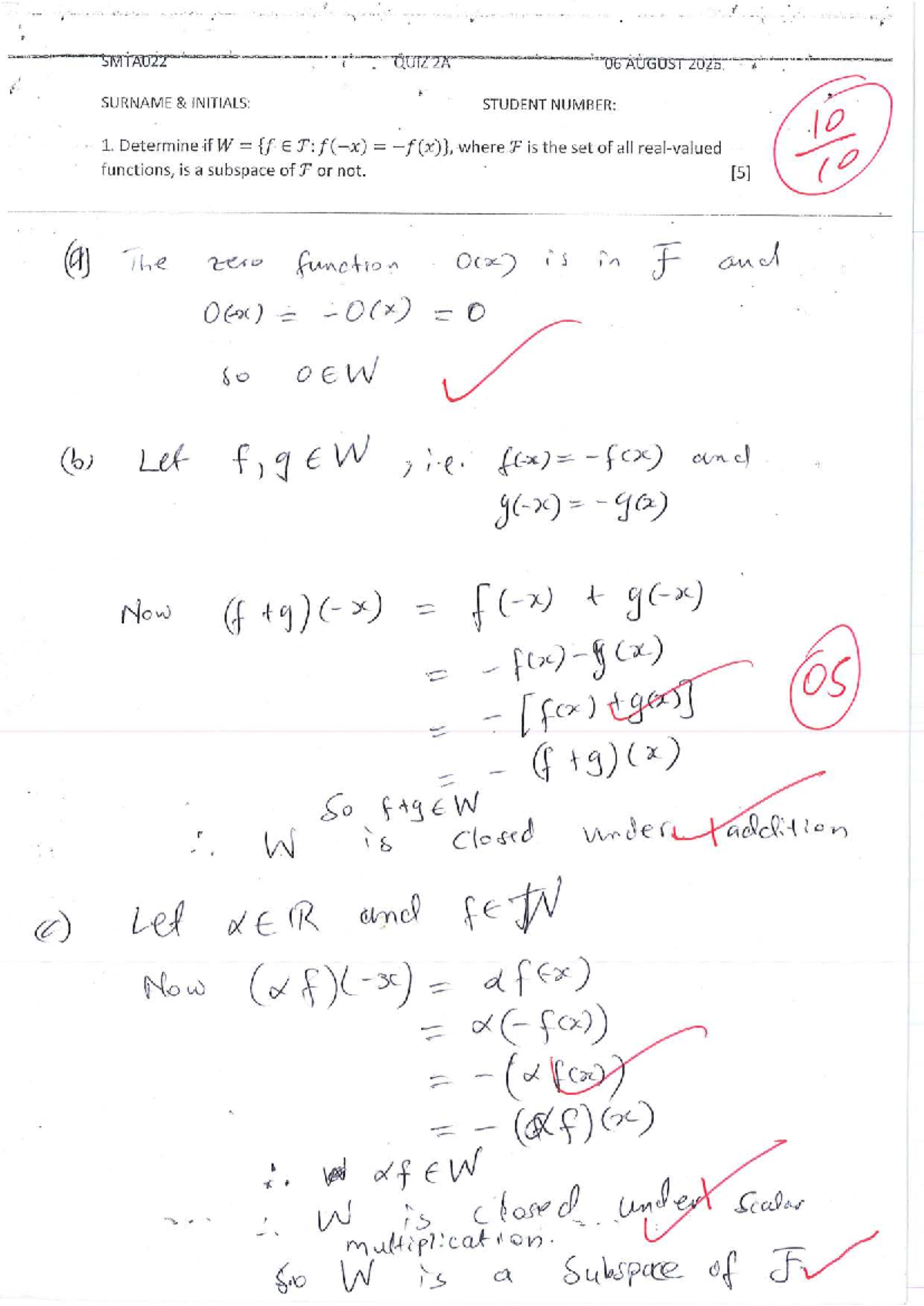 SMTA022 Quiz 2A - Subspace of Function Set Analysis - Studocu
