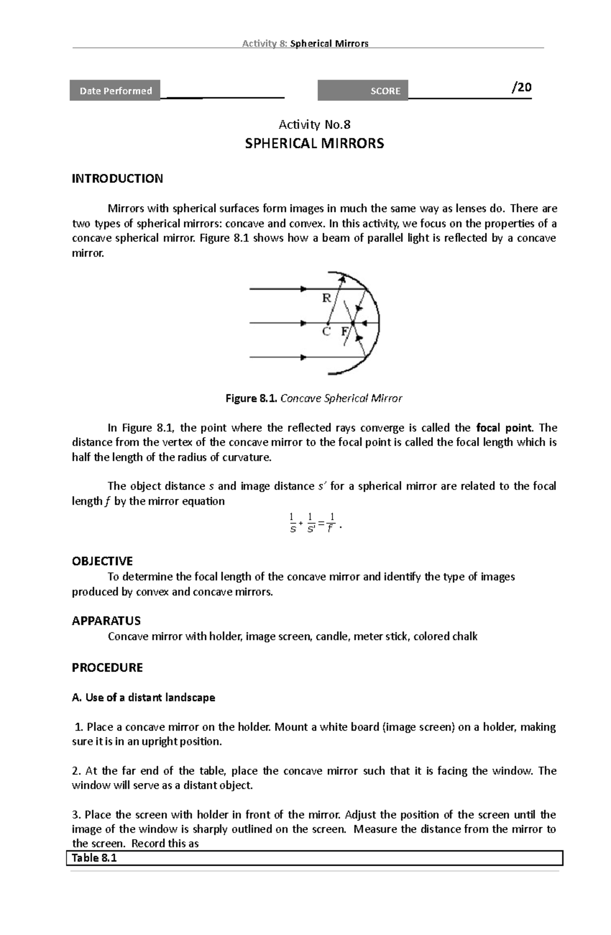 Activity 8: Exploring Concave and Convex Mirrors in Optics - Studocu
