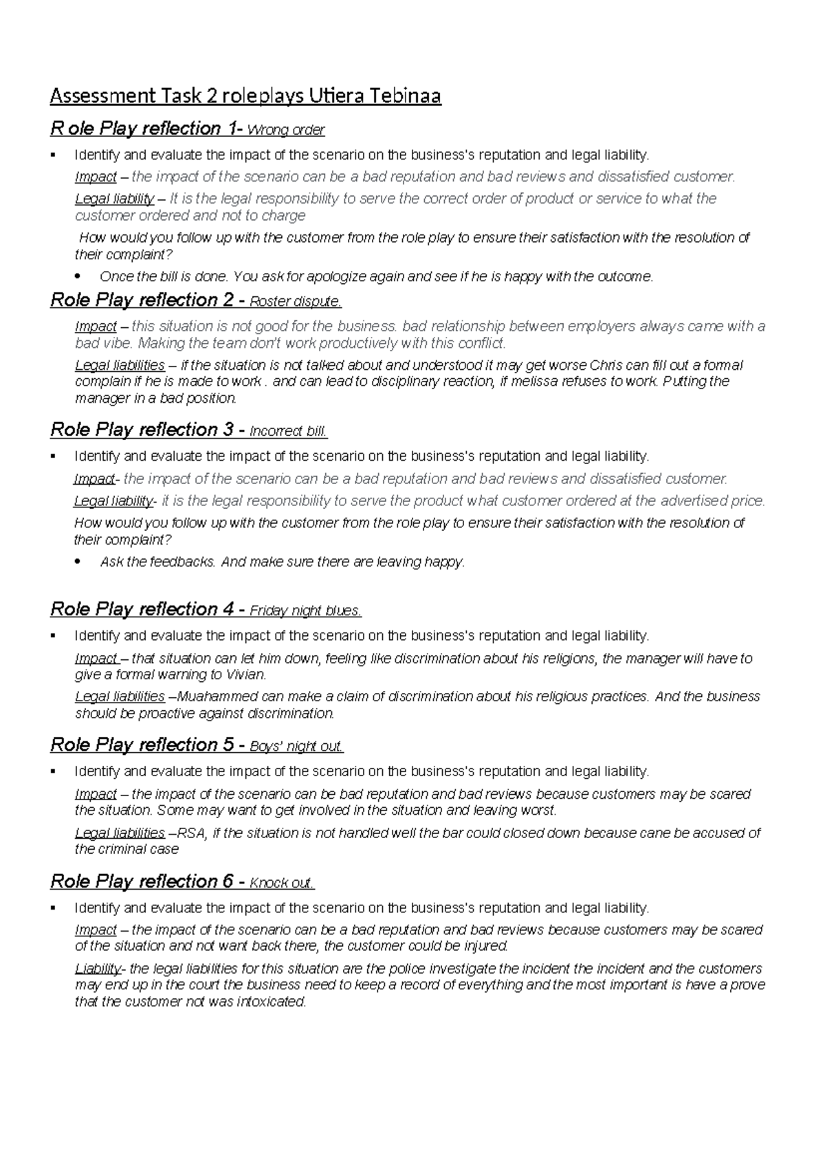 Role play reflections blank - Assessment Task 2 roleplays Utiera ...